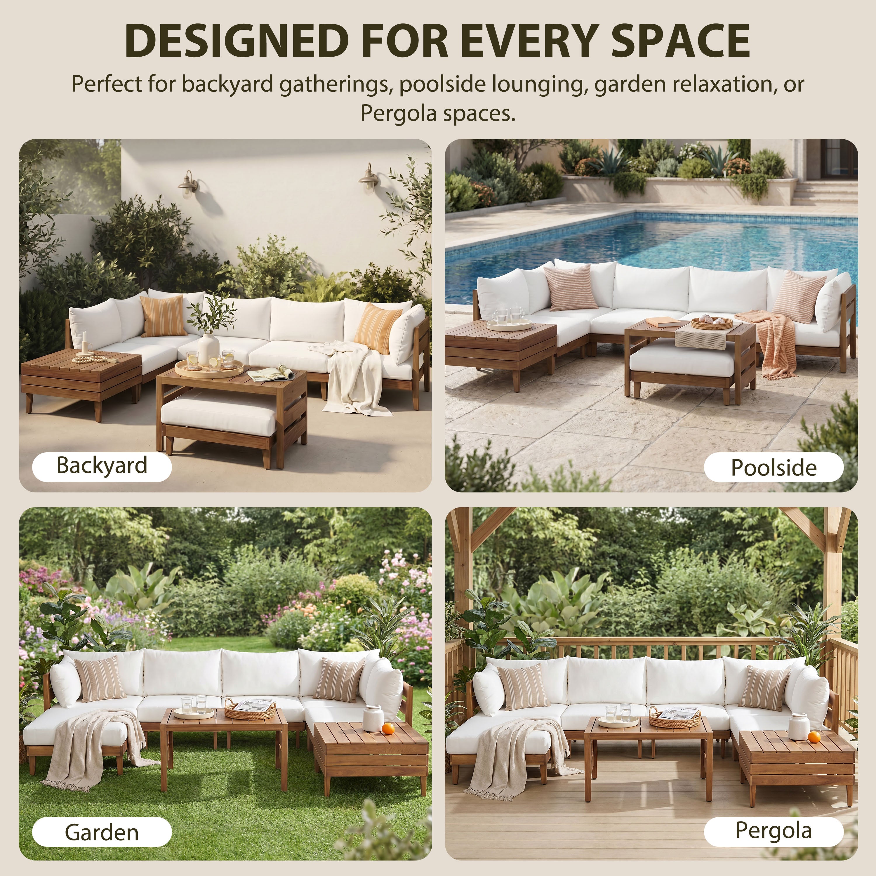 8-Piece Acacia Wood Outdoor Patio Sofa Set, Modular Sectional Furniture Set With Storage Tea Table, Coffee Table And Cushions