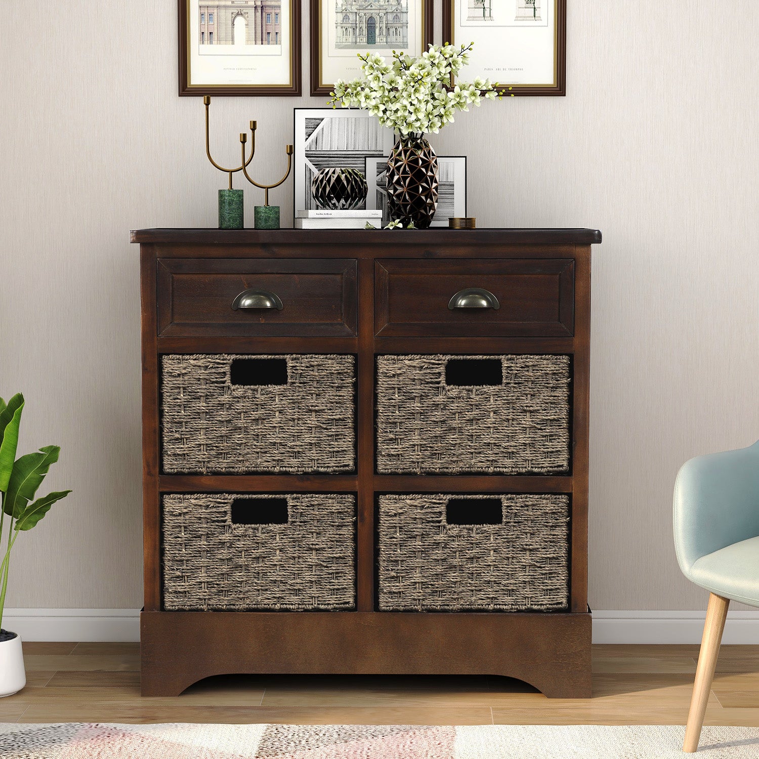 Abby Storage Cabinet with 2 Drawers and 4 Rattan Basket