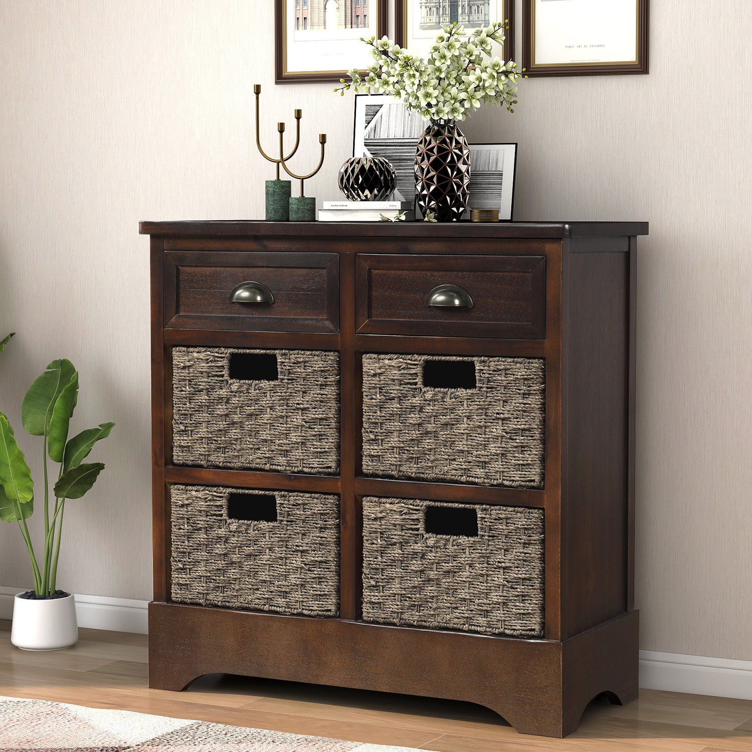 Abby Storage Cabinet with 2 Drawers and 4 Rattan Basket