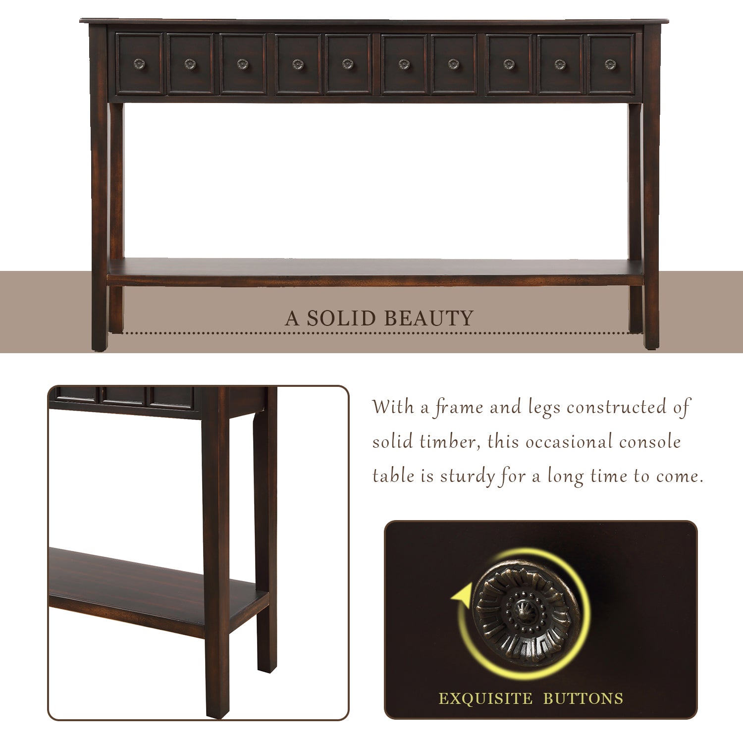 60" Console Table with 2 Different Size Drawers and Bottom Shelf, Black