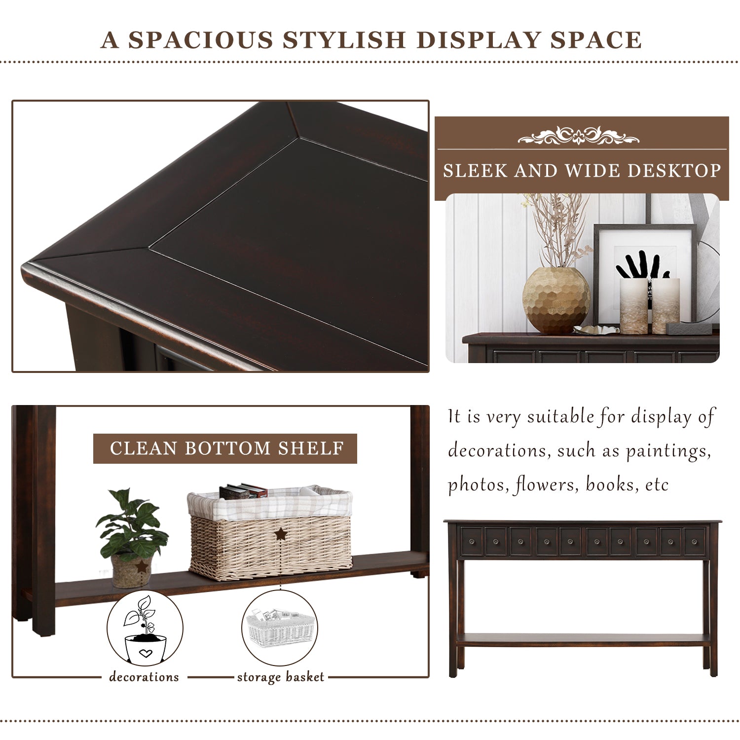 60" Console Table with 2 Different Size Drawers and Bottom Shelf, Black