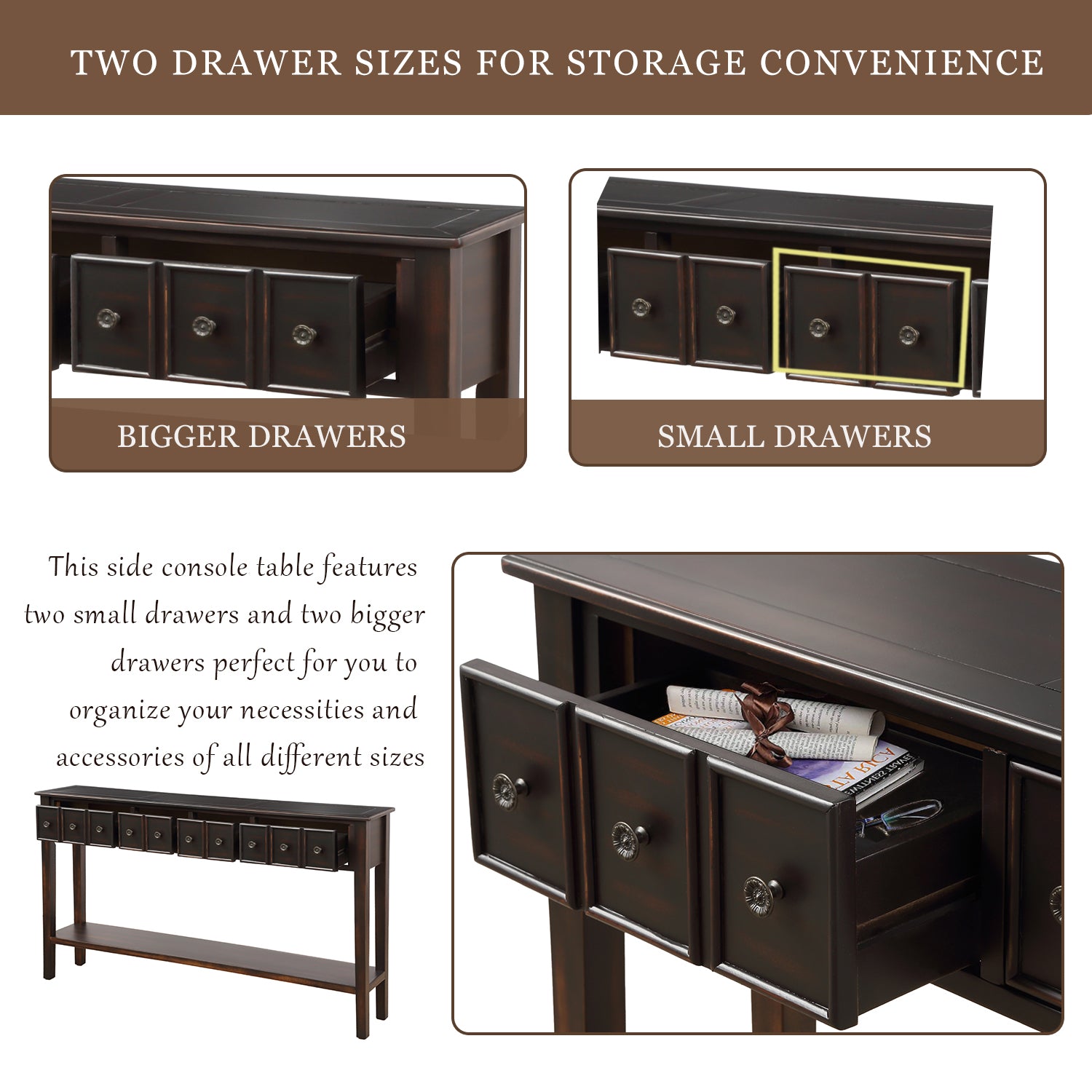 60" Console Table with 2 Different Size Drawers and Bottom Shelf, Black