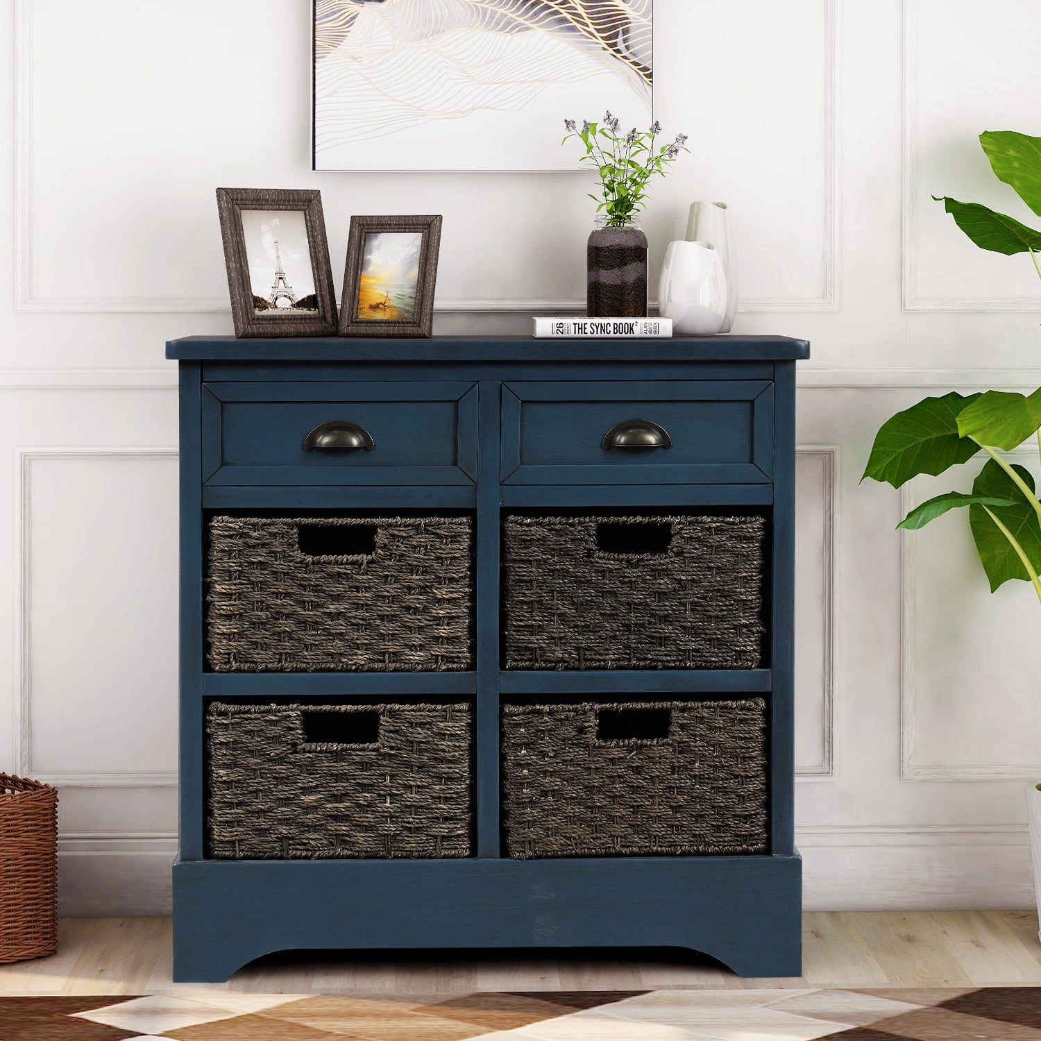 Abby Storage Cabinet with 2 Drawers and 4 Rattan Basket