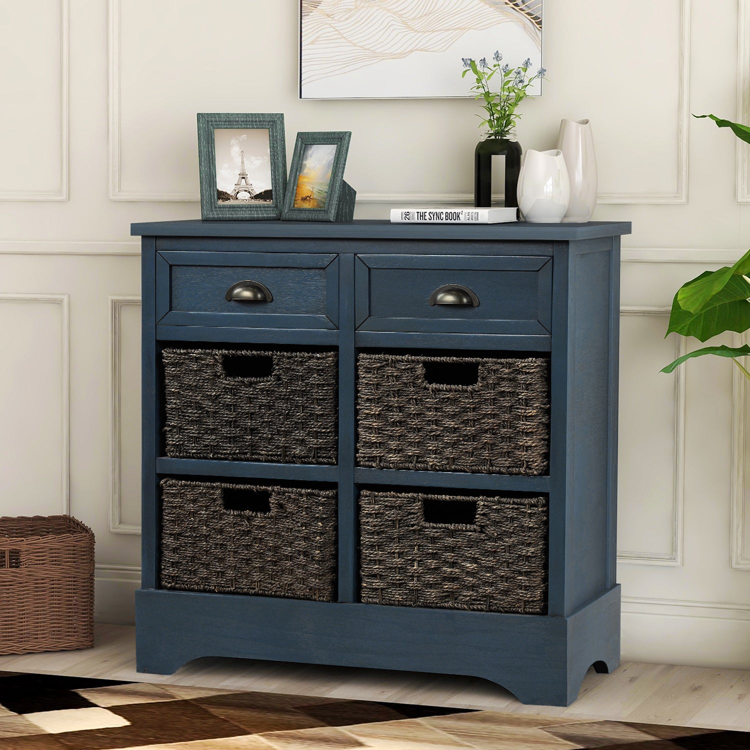 Abby Storage Cabinet with 2 Drawers and 4 Rattan Basket