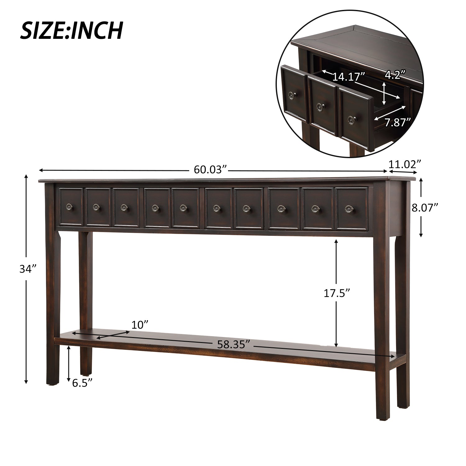 60" Console Table with 2 Different Size Drawers and Bottom Shelf, Black