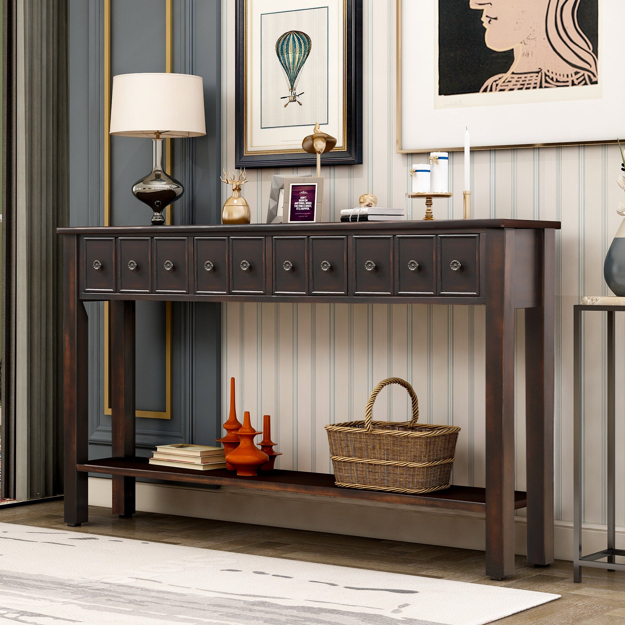 60" Console Table with 2 Different Size Drawers and Bottom Shelf, Black