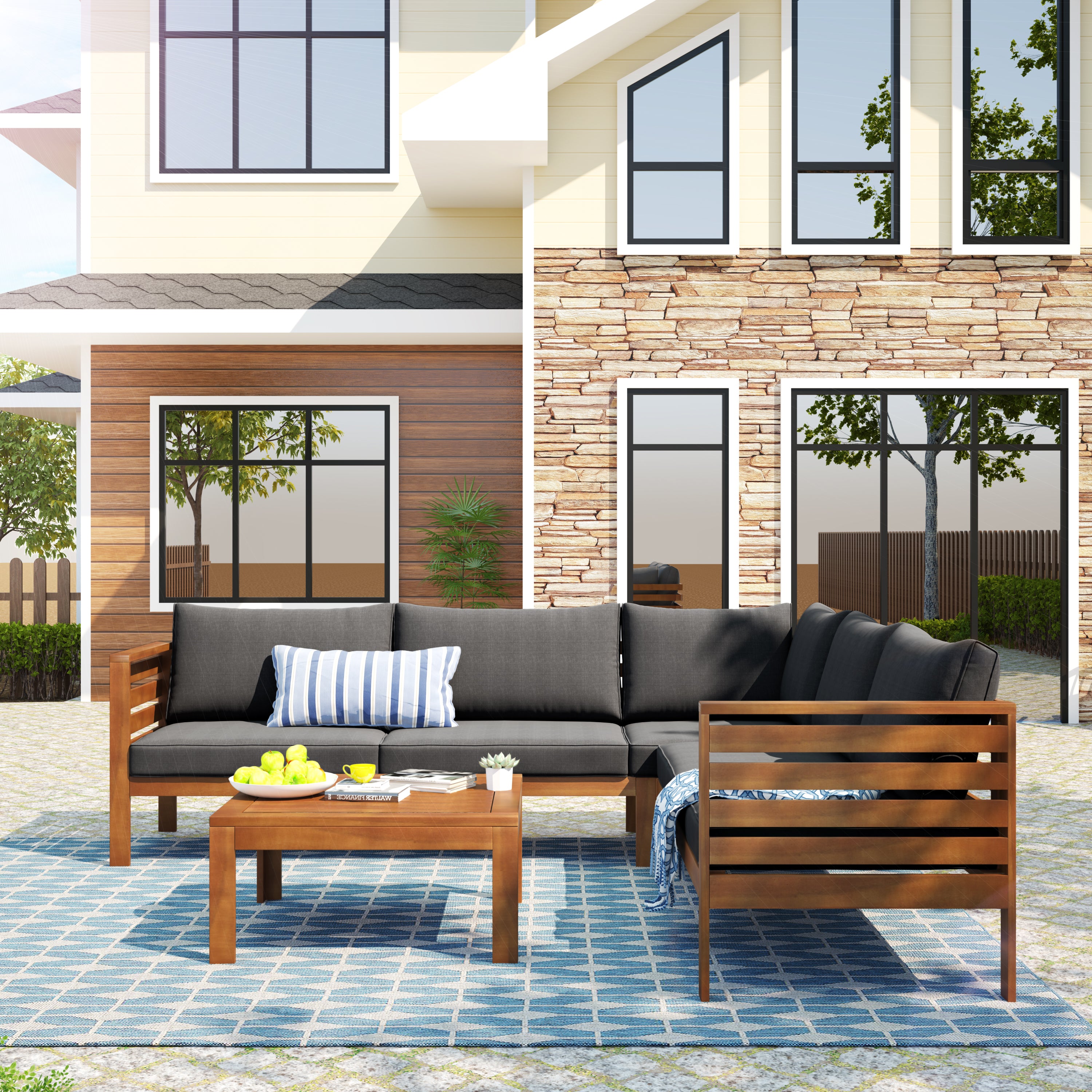Wood Structure Outdoor Sofa Set with beige Cushions Exotic design Water-resistant and UV Protected texture High quality acacia wood Strong Metal Accessories