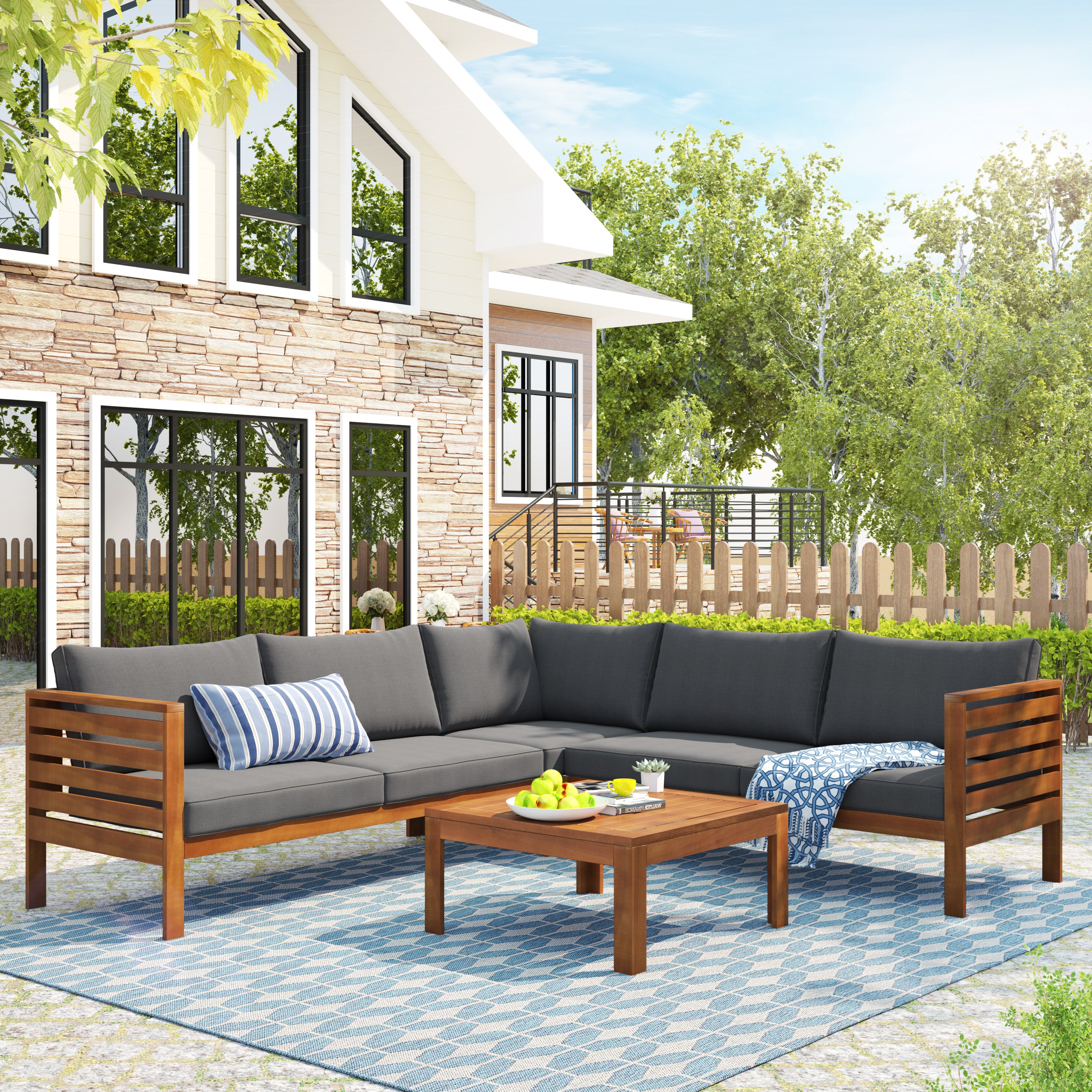 Wood Structure Outdoor Sofa Set with beige Cushions Exotic design Water-resistant and UV Protected texture High quality acacia wood Strong Metal Accessories