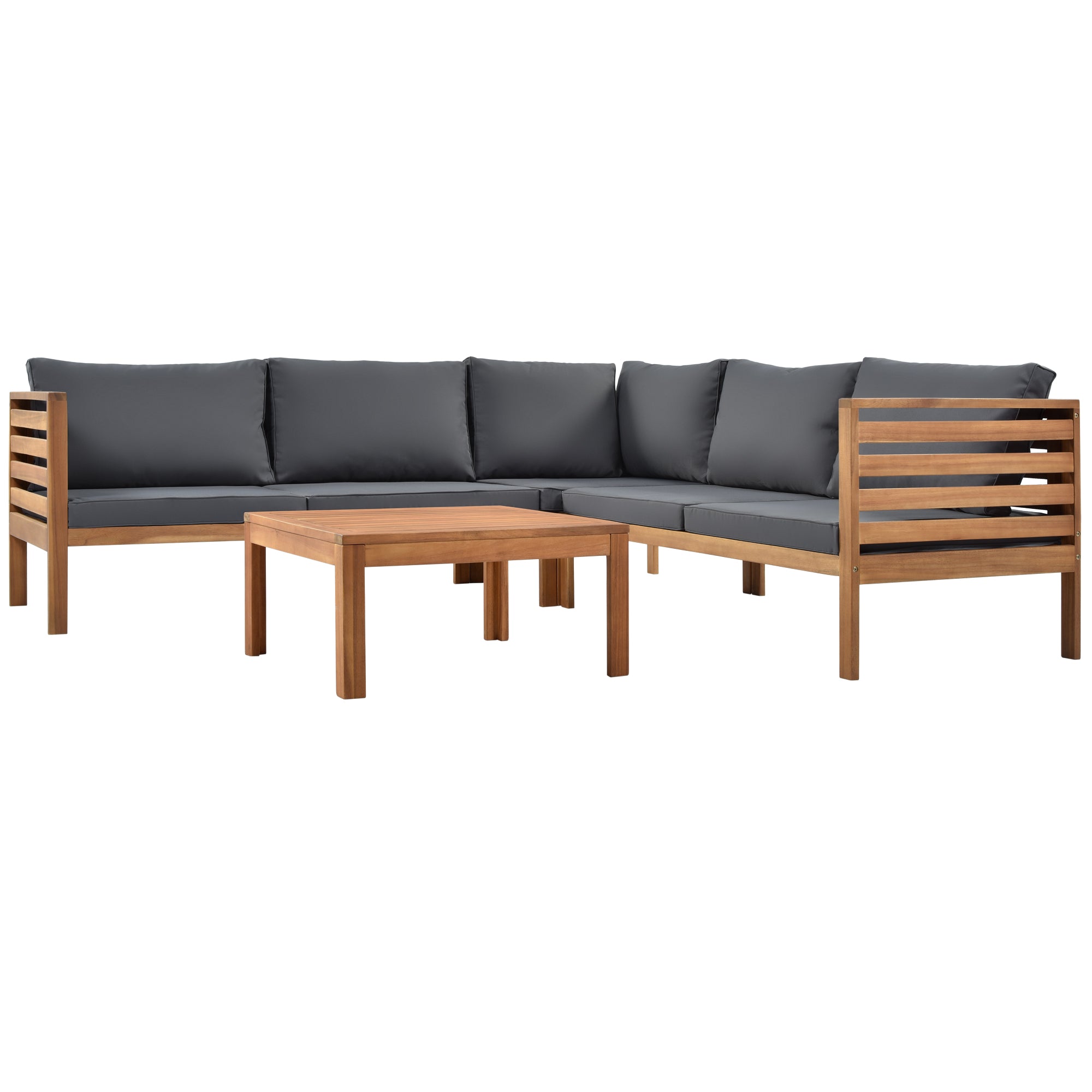 Wood Structure Outdoor Sofa Set with beige Cushions Exotic design Water-resistant and UV Protected texture High quality acacia wood Strong Metal Accessories
