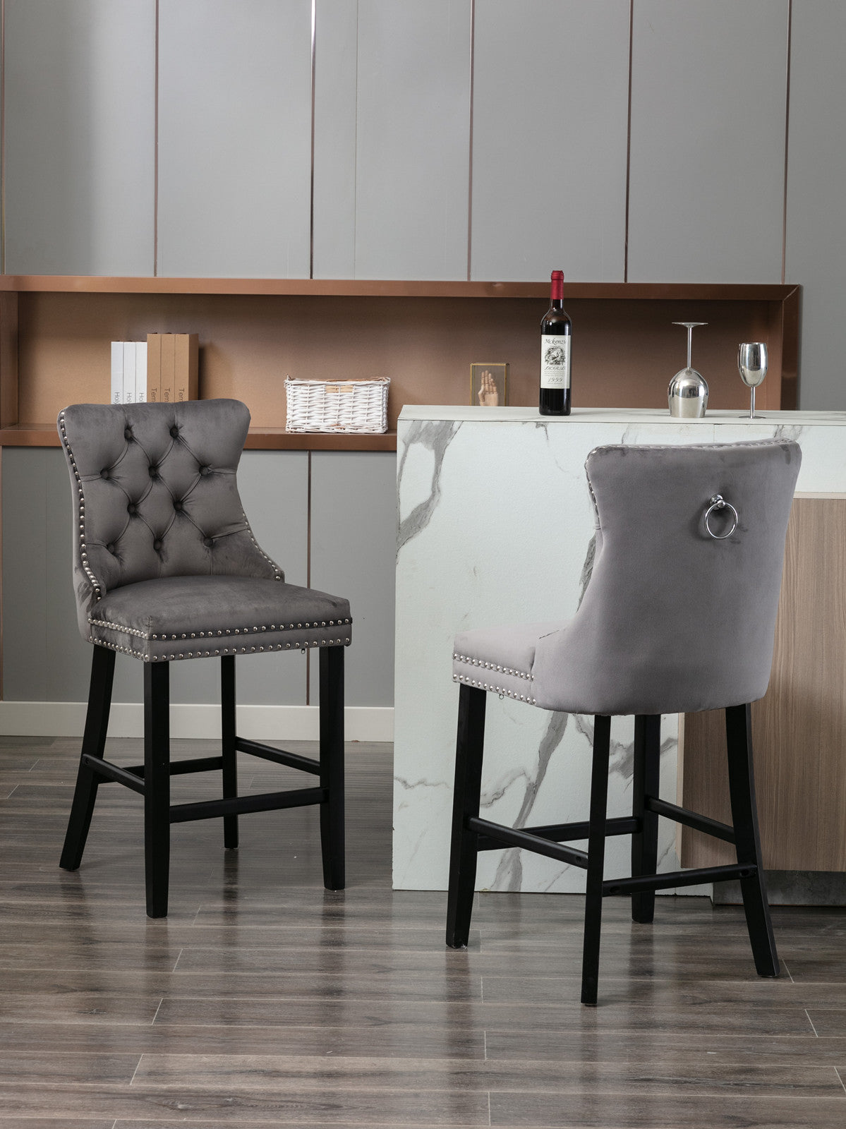 Contemporary Velvet Button Tufted Nailhead Trim Upholstered Barstools, Set of 2