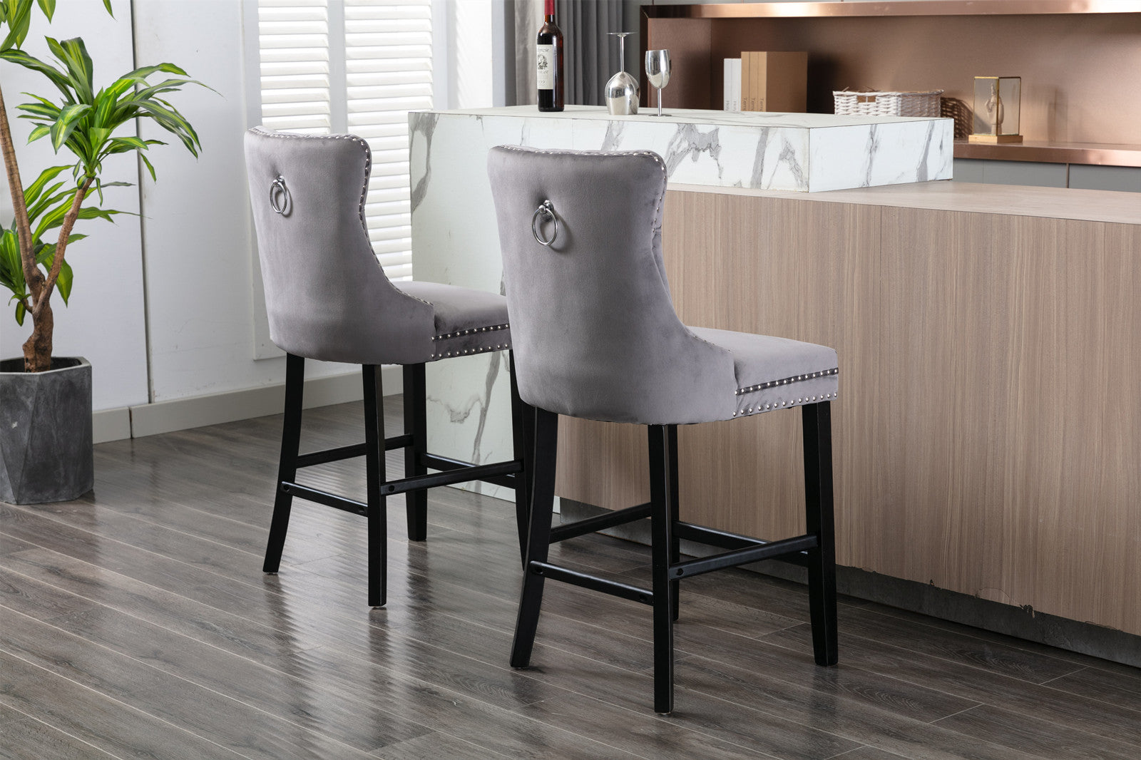 Contemporary Velvet Button Tufted Nailhead Trim Upholstered Barstools, Set of 2