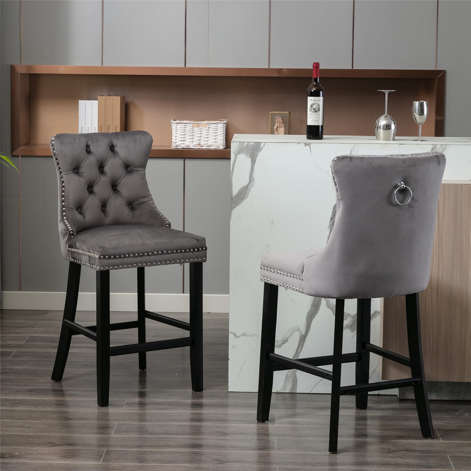 Contemporary Velvet Button Tufted Nailhead Trim Upholstered Barstools, Set of 2