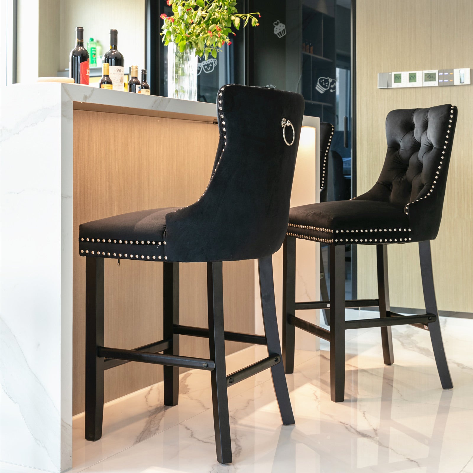 Contemporary Velvet Button Tufted Nailhead Trim Upholstered Barstools, Set of 2