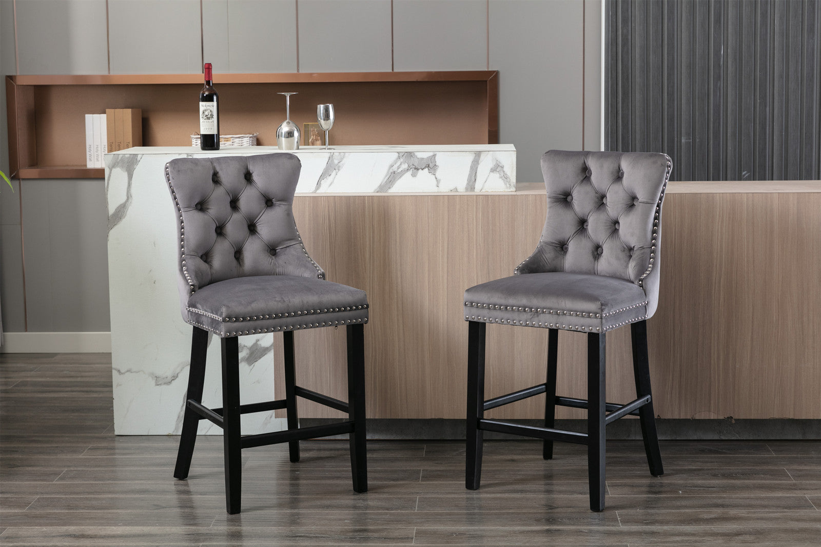 Contemporary Velvet Button Tufted Nailhead Trim Upholstered Barstools, Set of 2