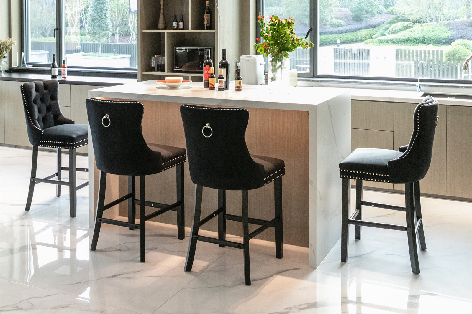 Contemporary Velvet Button Tufted Nailhead Trim Upholstered Barstools, Set of 2