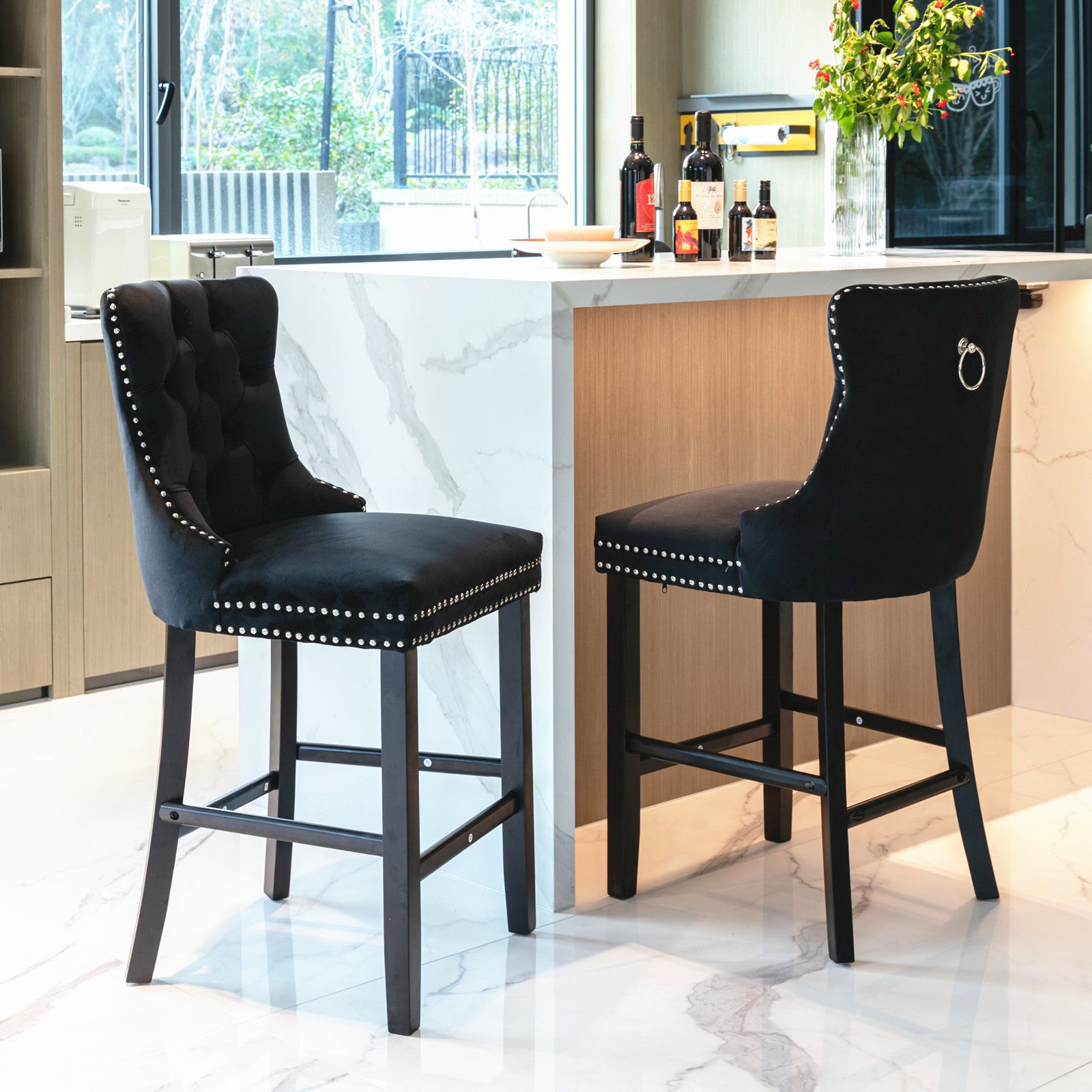 Contemporary Velvet Button Tufted Nailhead Trim Upholstered Barstools, Set of 2