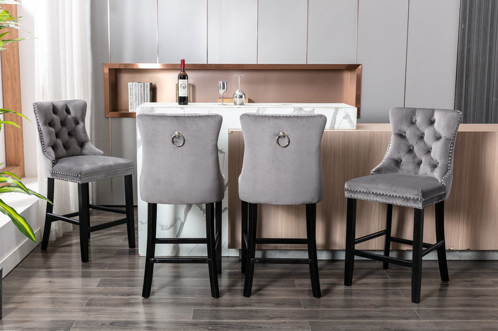 Contemporary Velvet Button Tufted Nailhead Trim Upholstered Barstools, Set of 2