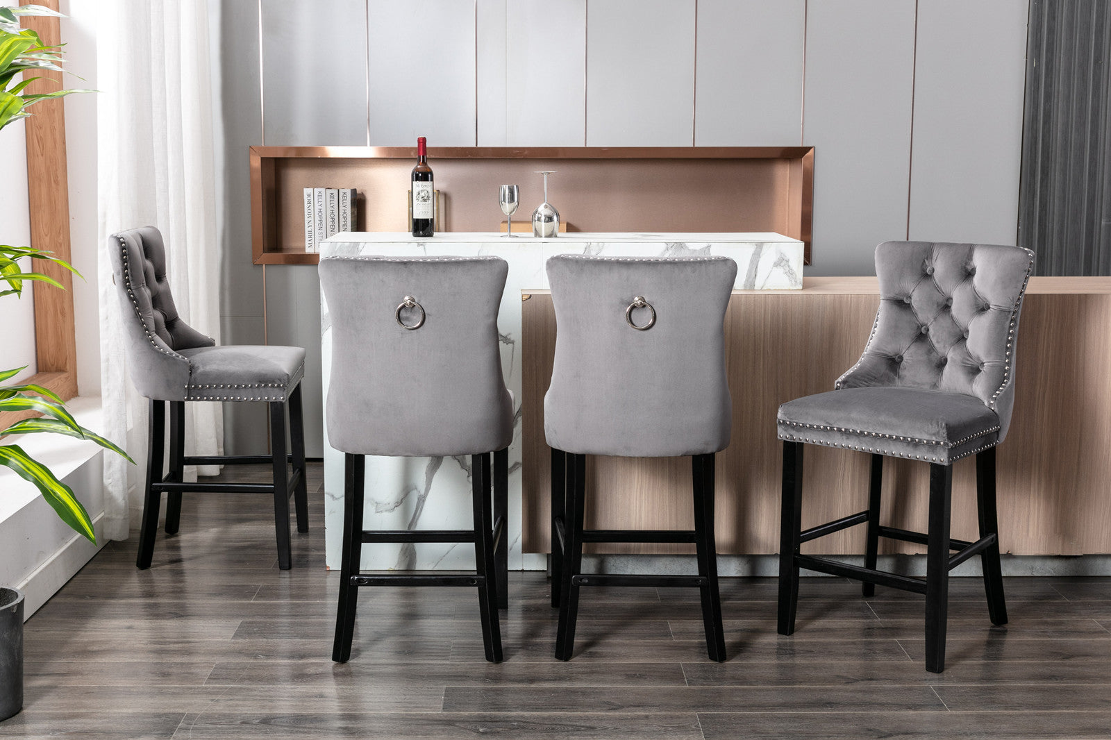 Contemporary Velvet Button Tufted Nailhead Trim Upholstered Barstools, Set of 2