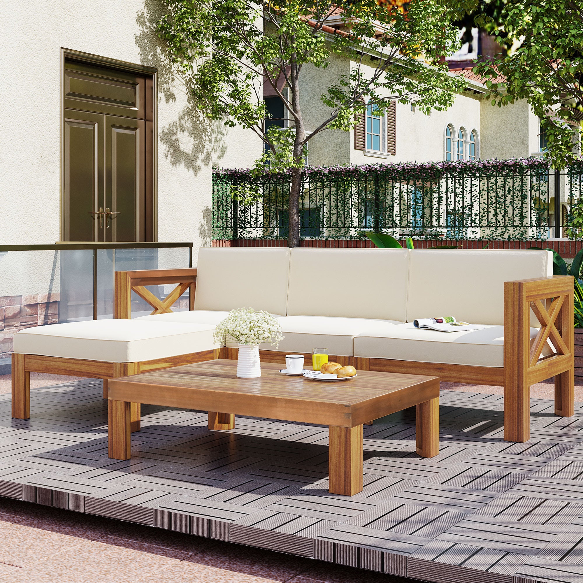 5 Piece Outdoor Sectional Sofa Set with Tea Table and Cushions, Beige and Natural