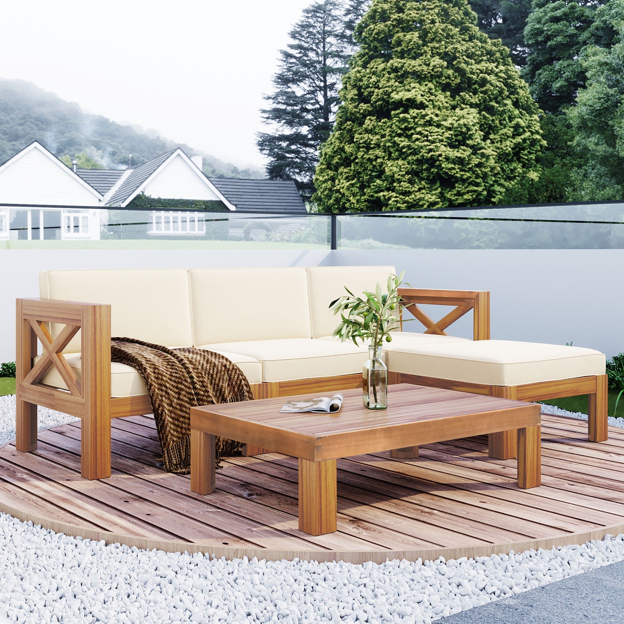 5 Piece Outdoor Sectional Sofa Set with Tea Table and Cushions, Beige and Natural