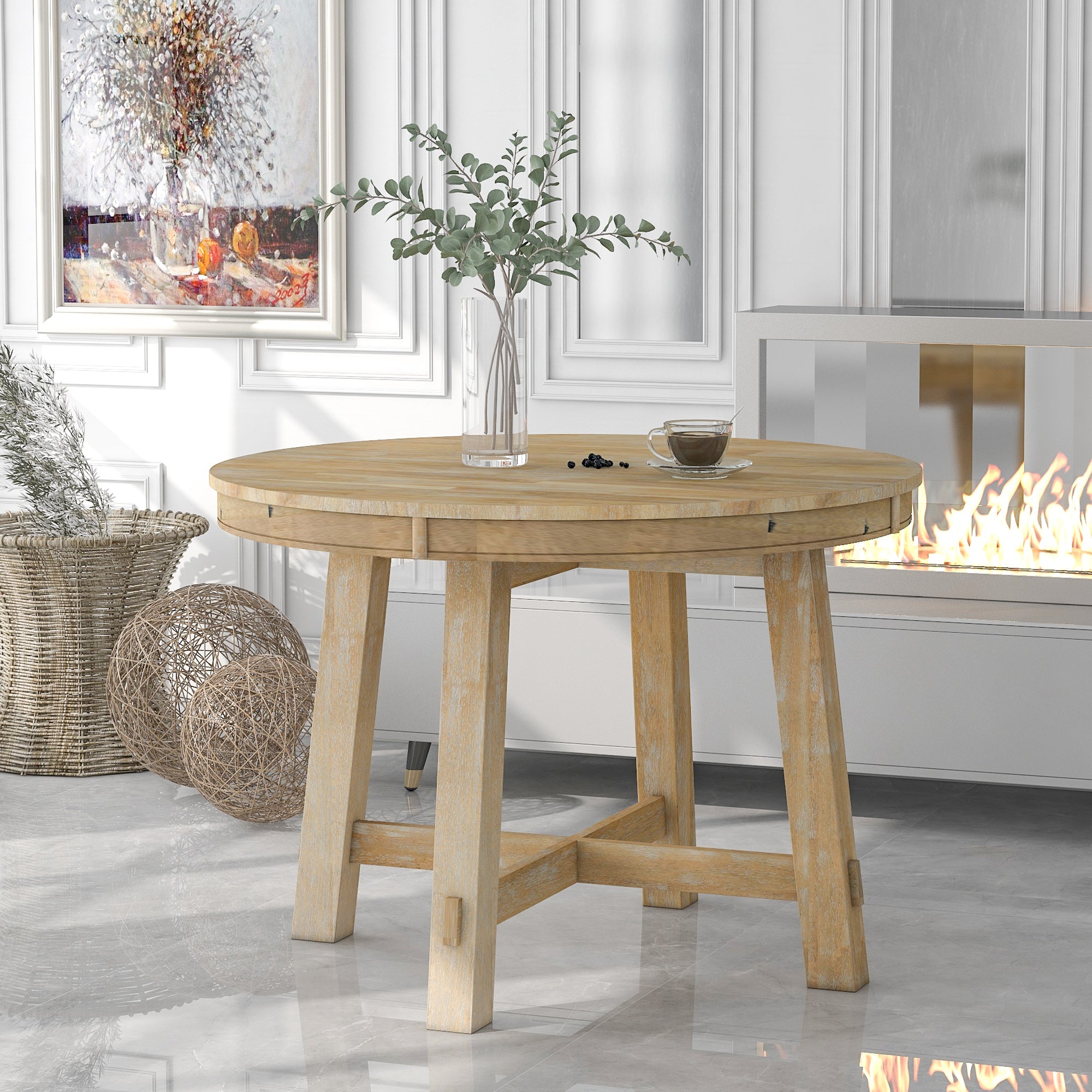 Gia Farmhouse Round Extendable Dining Table with 16" Leaf