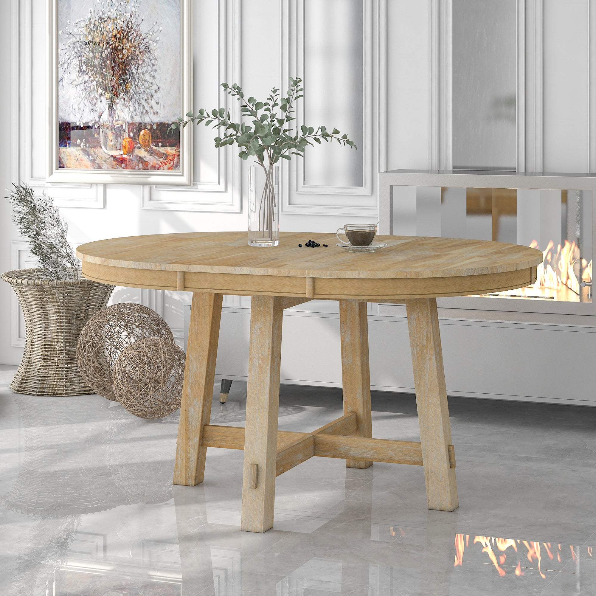 Gia Farmhouse Round Extendable Dining Table with 16" Leaf