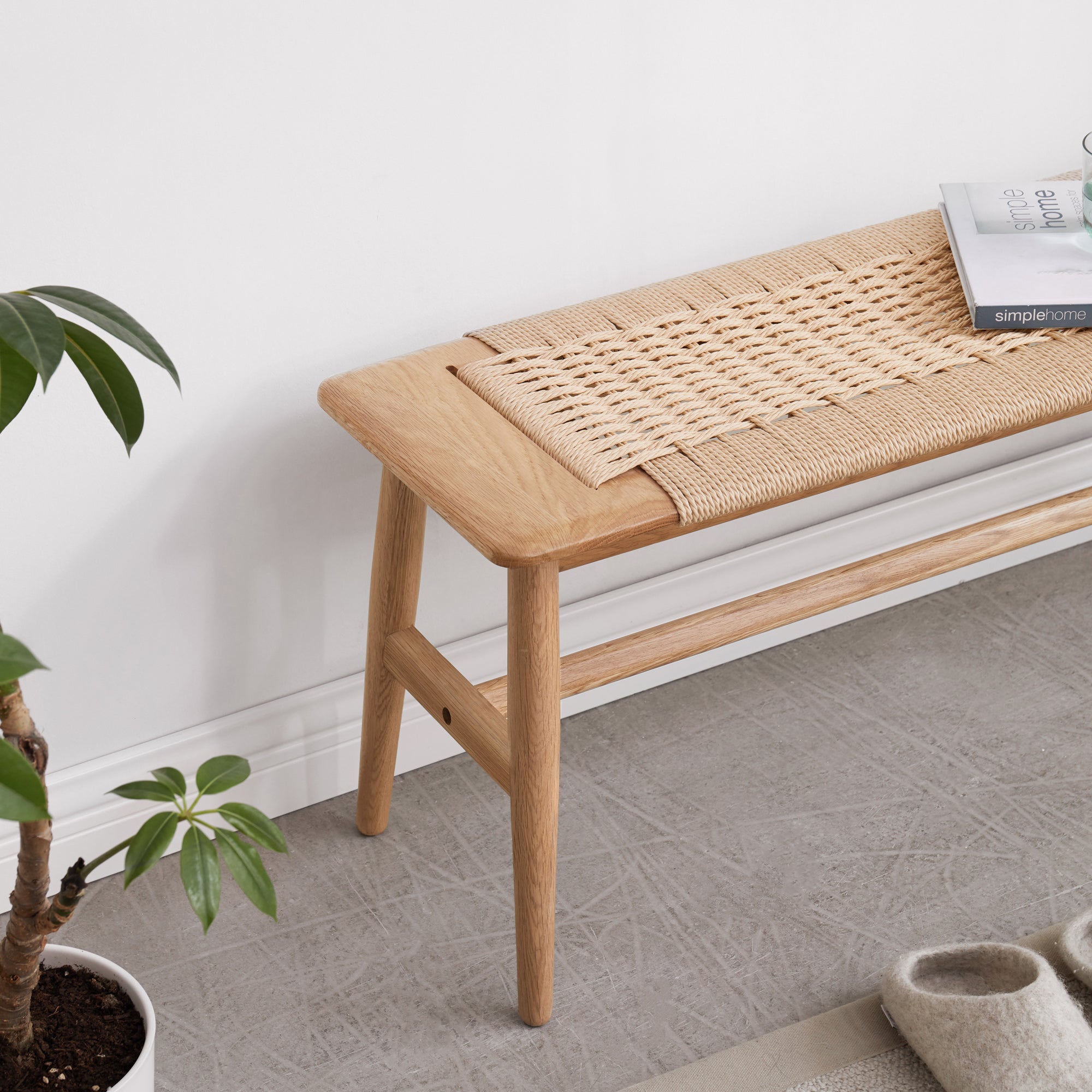 Woven Design Natural Oak Wood Dining Bench
