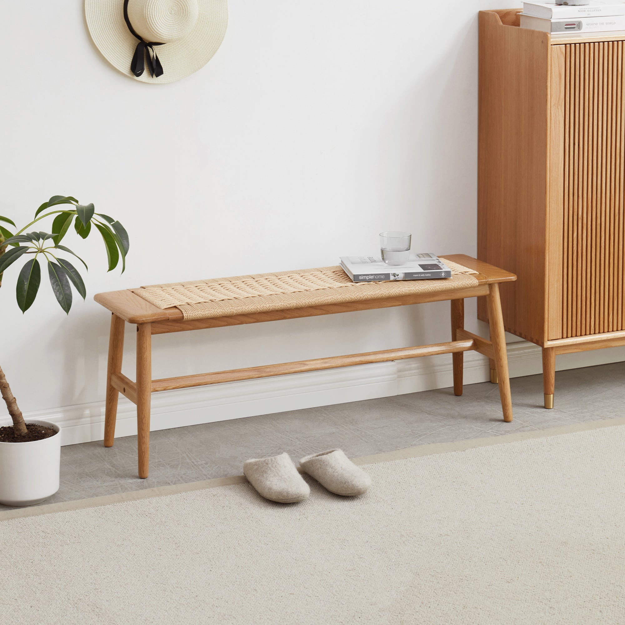 Woven Design Natural Oak Wood Dining Bench