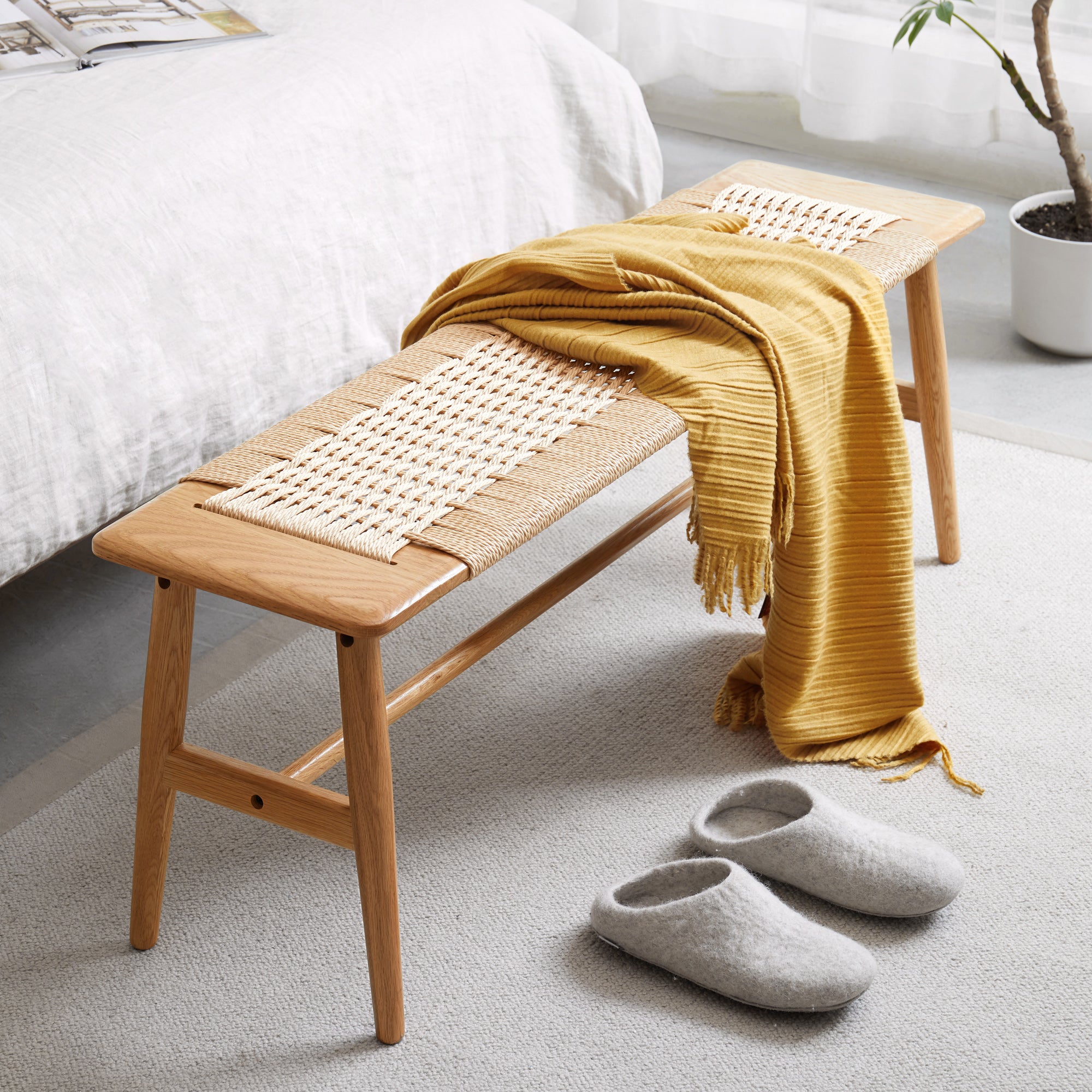 Woven Design Natural Oak Wood Bench