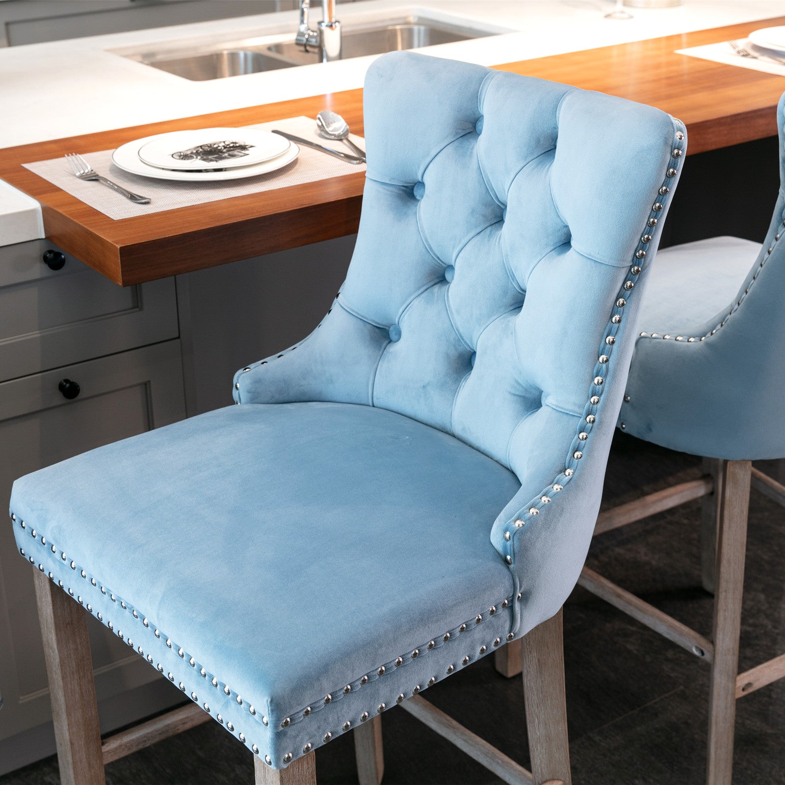 Contemporary Velvet Button Tufted Nailhead Trim Upholstered Barstools, Set of 2