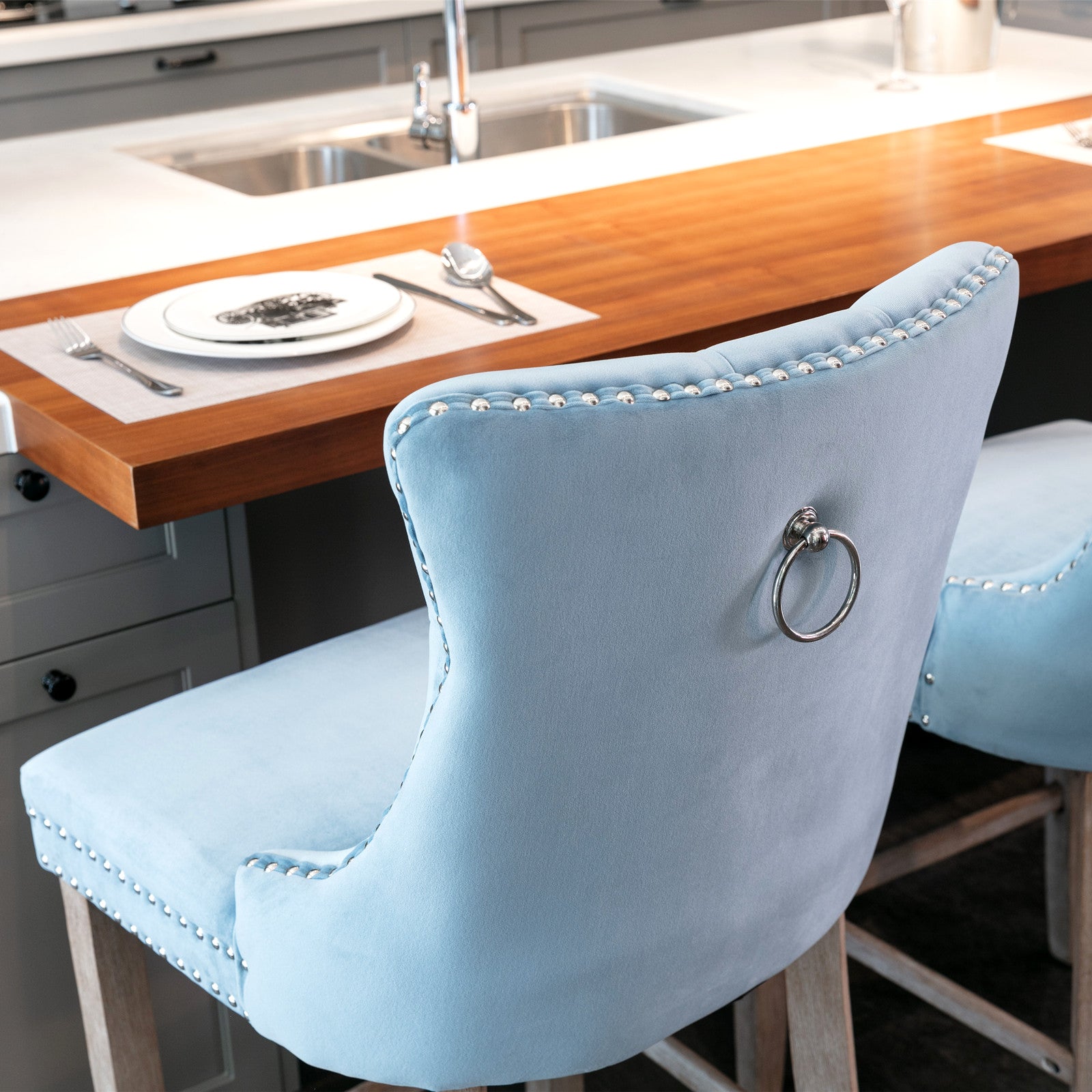 Contemporary Velvet Button Tufted Nailhead Trim Upholstered Barstools, Set of 2