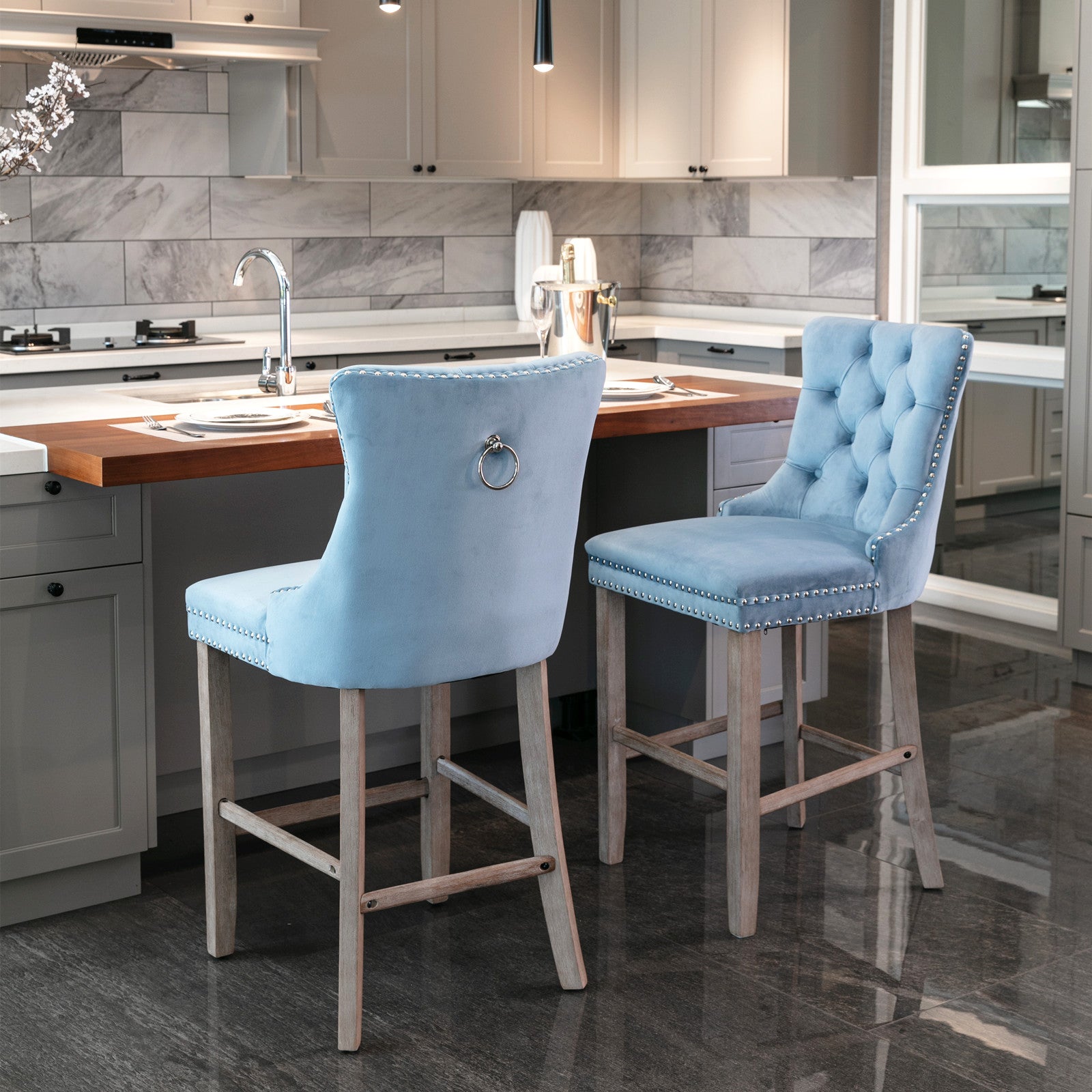 Contemporary Velvet Button Tufted Nailhead Trim Upholstered Barstools, Set of 2