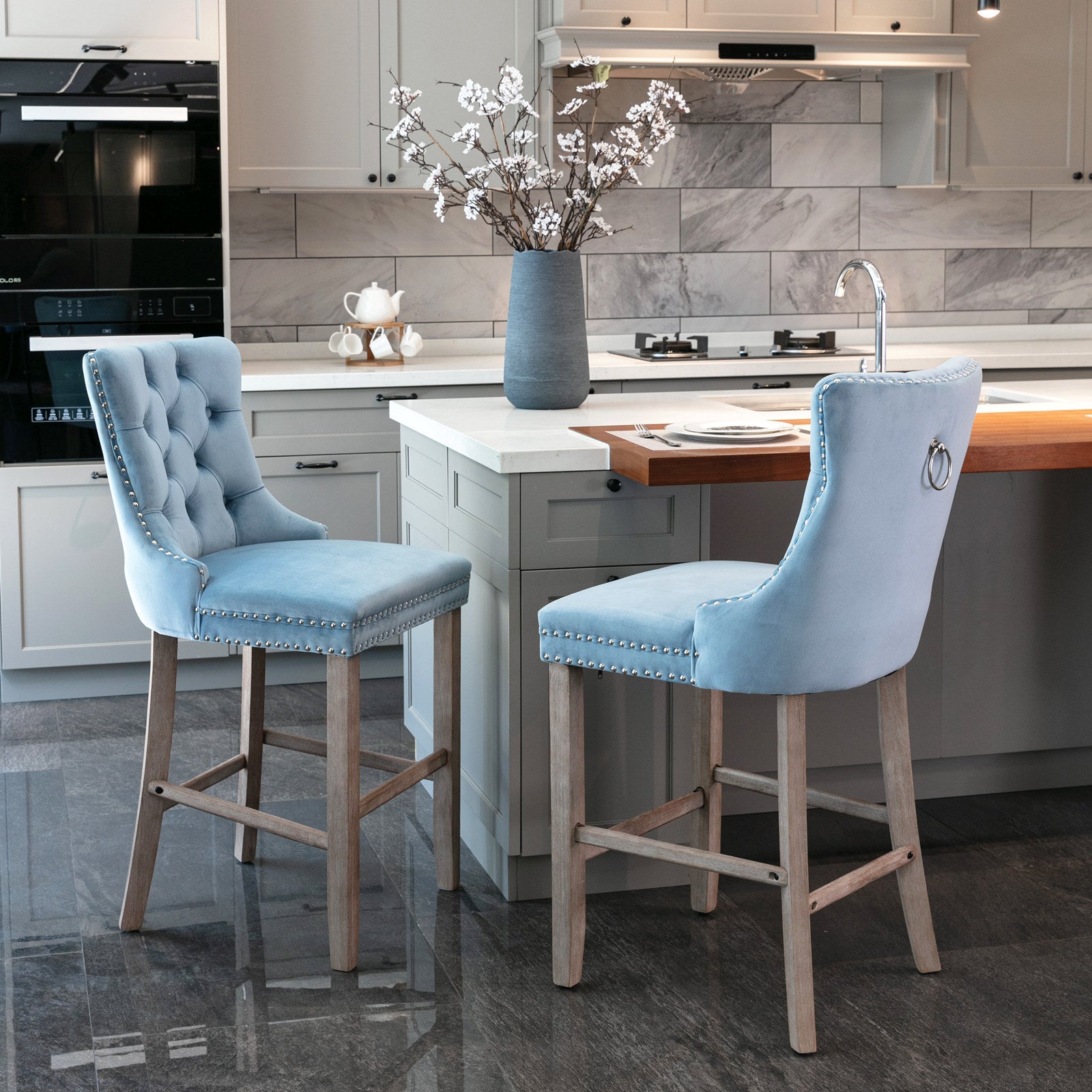 Contemporary Velvet Button Tufted Nailhead Trim Upholstered Barstools, Set of 2