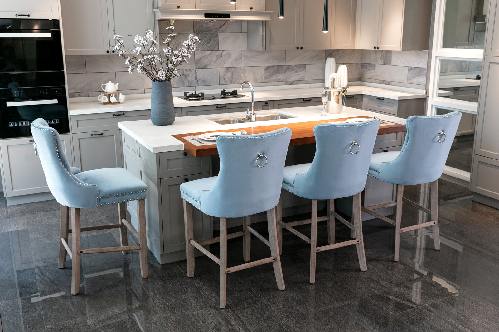 Contemporary Velvet Button Tufted Nailhead Trim Upholstered Barstools, Set of 2