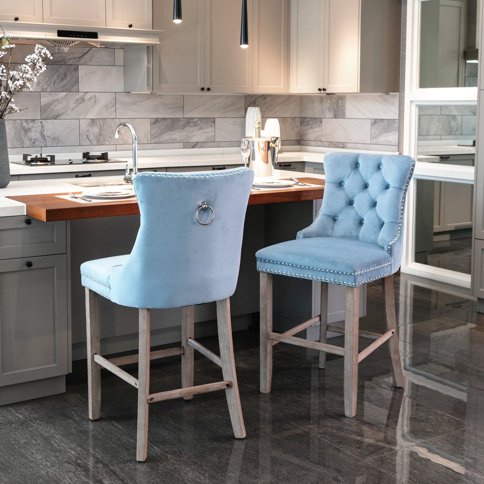 Contemporary Velvet Button Tufted Nailhead Trim Upholstered Barstools, Set of 2