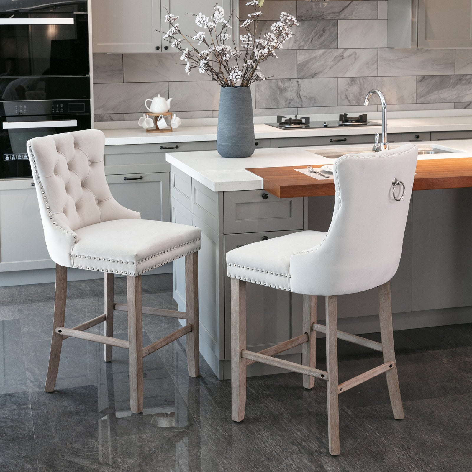 Contemporary Velvet Button Tufted Nailhead Trim Upholstered Barstools, Set of 2
