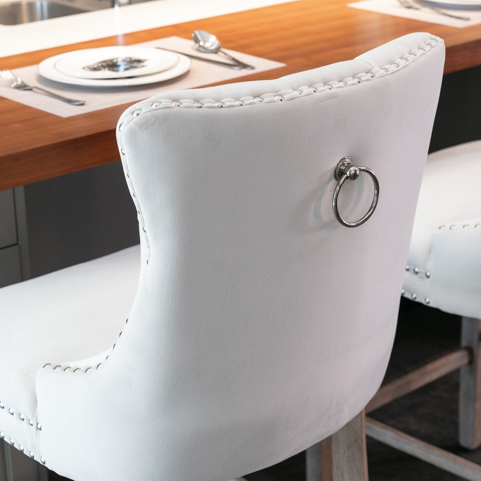 Contemporary Velvet Button Tufted Nailhead Trim Upholstered Barstools, Set of 2