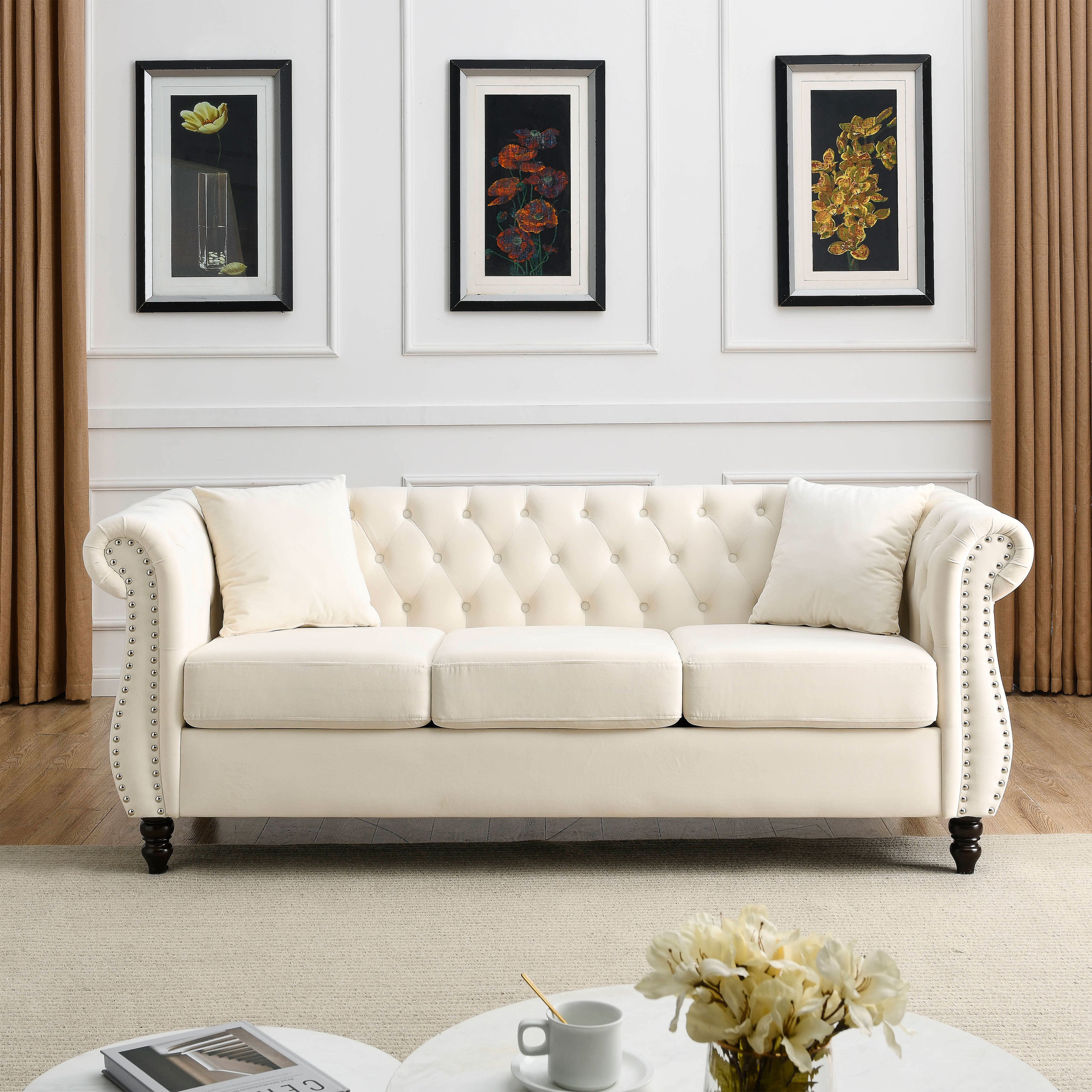 Nailhead Velvet Chesterfield 3-Seater Sofa