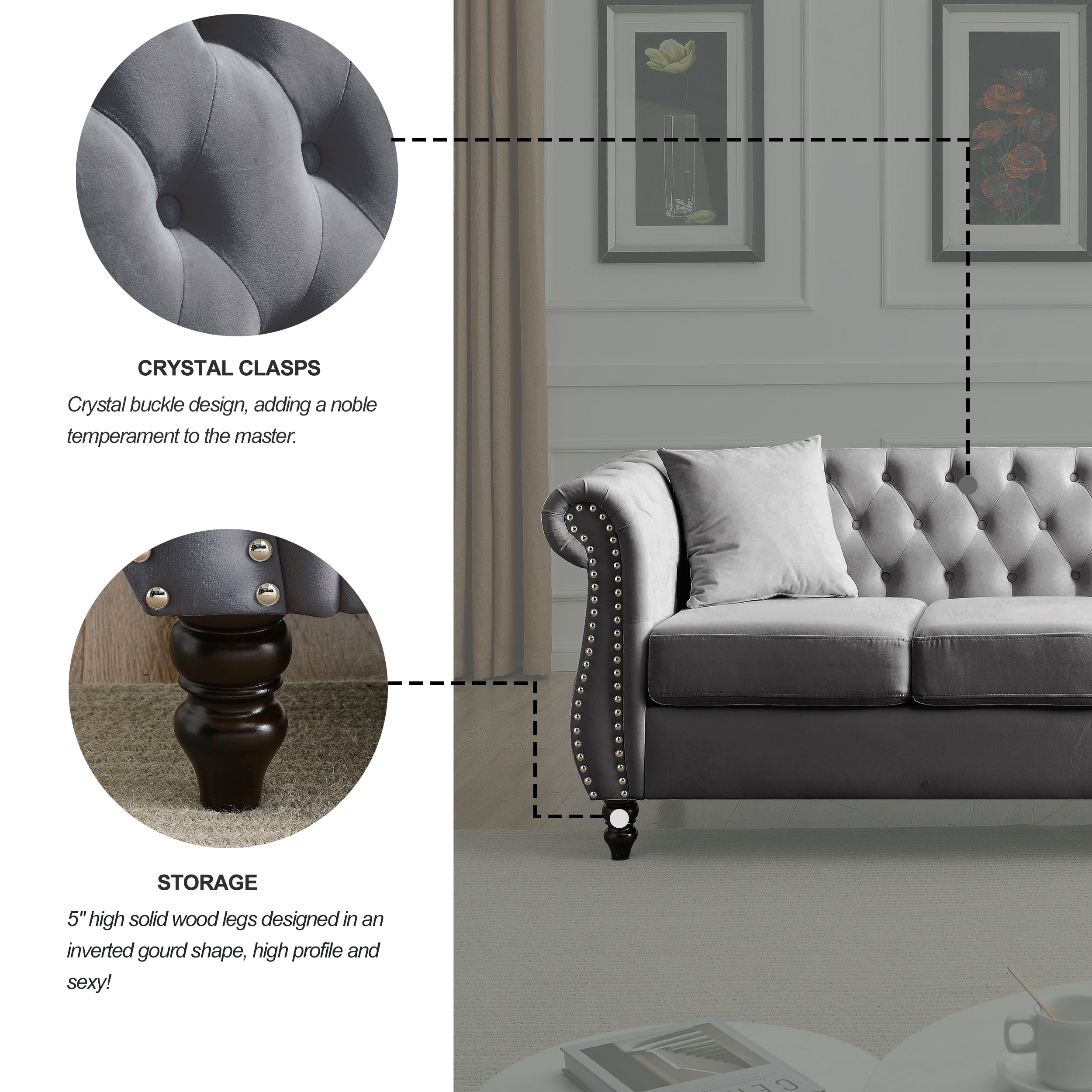 Nailhead Velvet Chesterfield 3-Seater Sofa