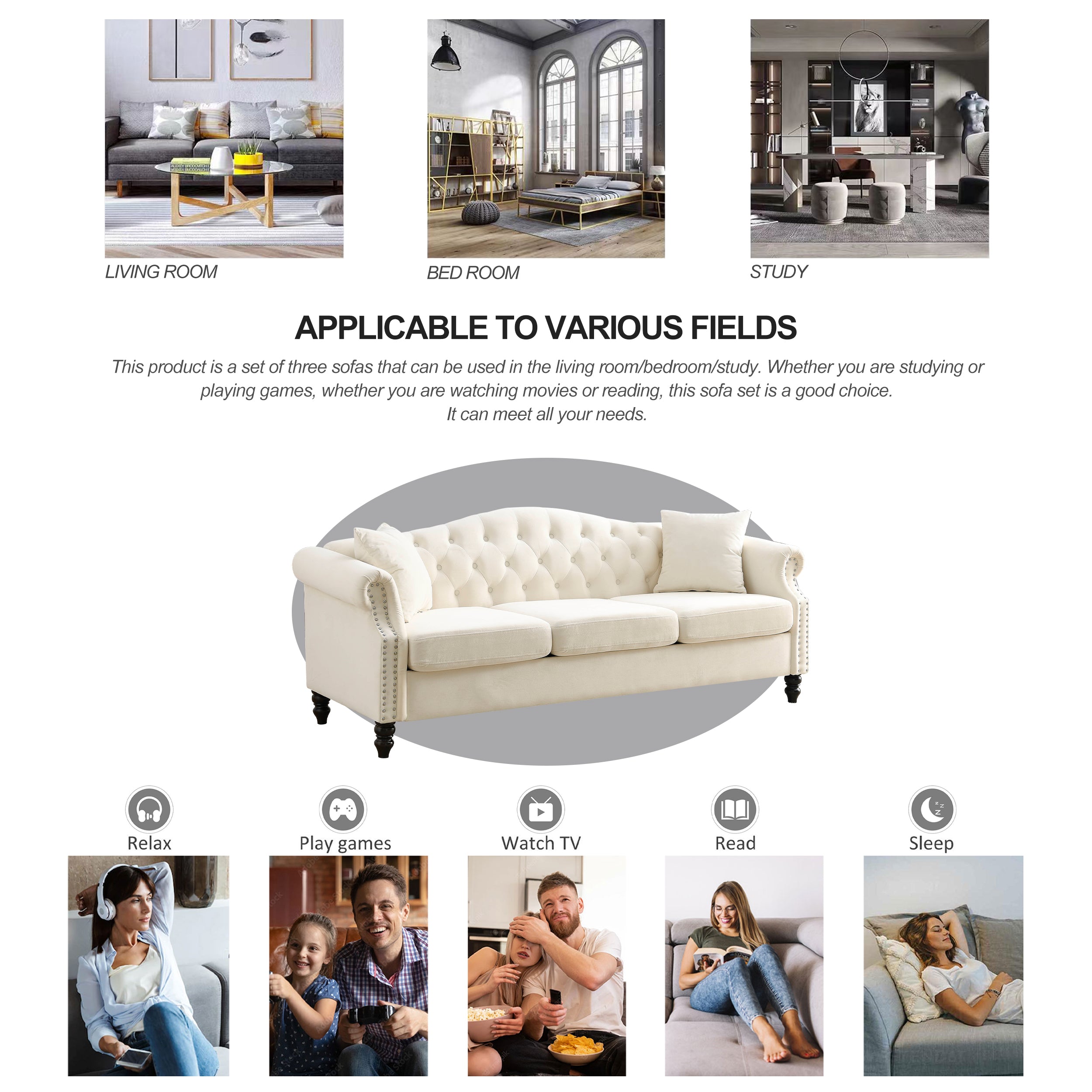 Nailhead Velvet Pitched Back Chesterfield 3-Seater Sofa