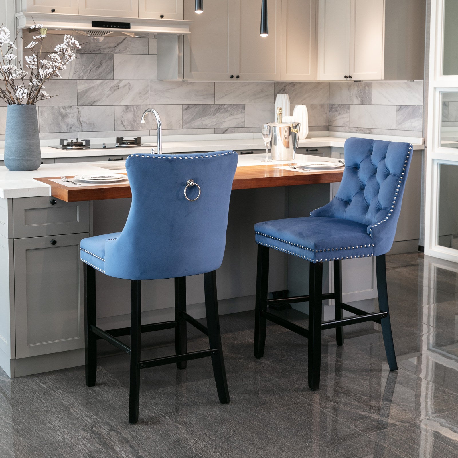 Contemporary Velvet Button Tufted Nailhead Trim Upholstered Barstools, Set of 2