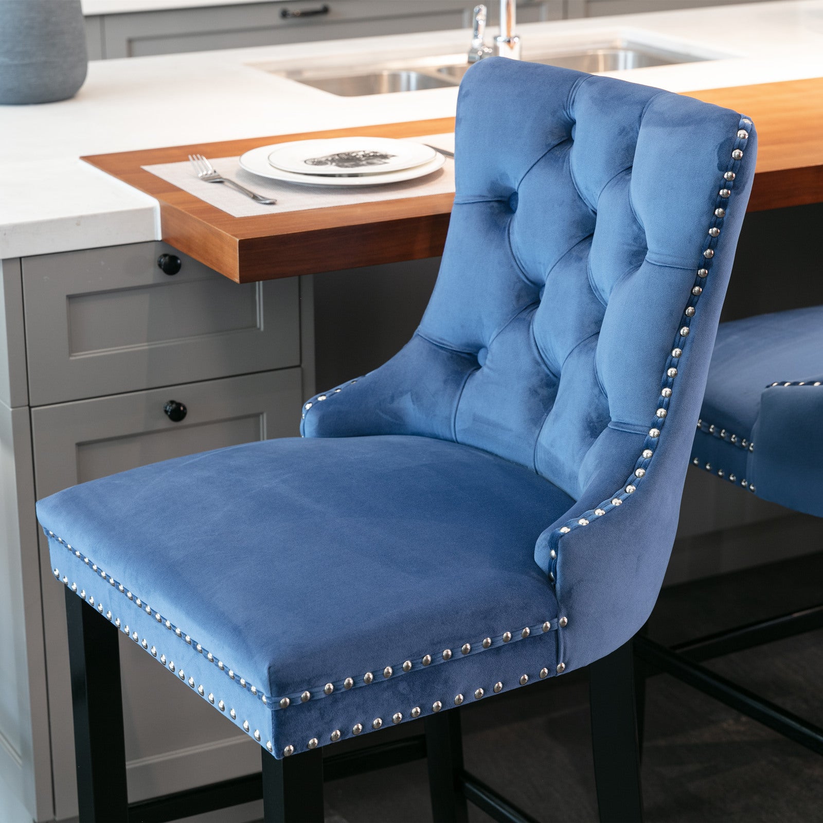 Contemporary Velvet Button Tufted Nailhead Trim Upholstered Barstools, Set of 2