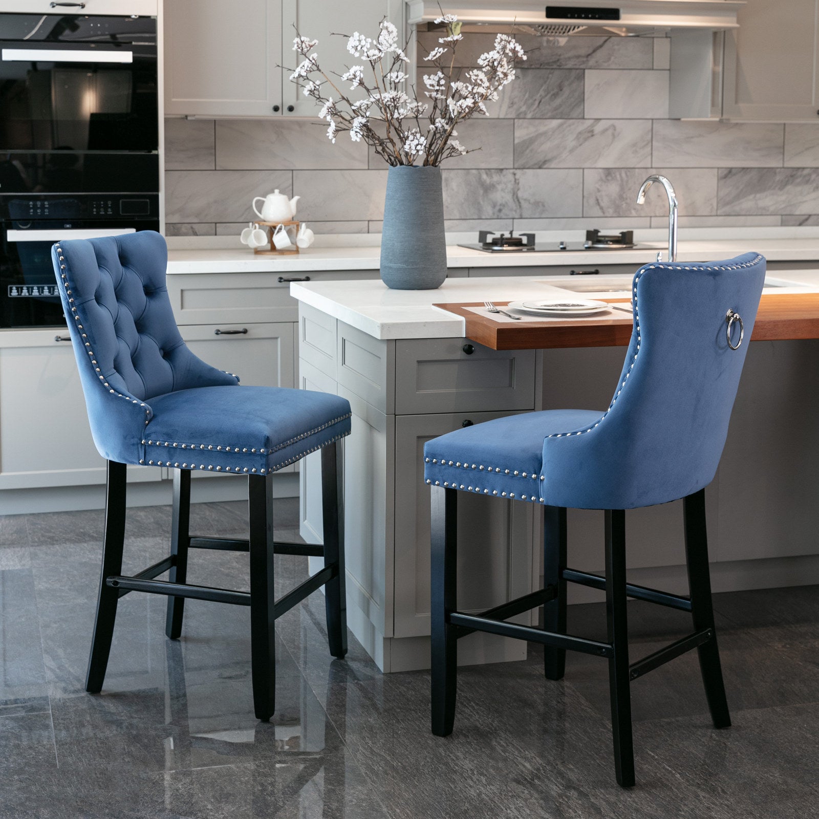 Contemporary Velvet Button Tufted Nailhead Trim Upholstered Barstools, Set of 2
