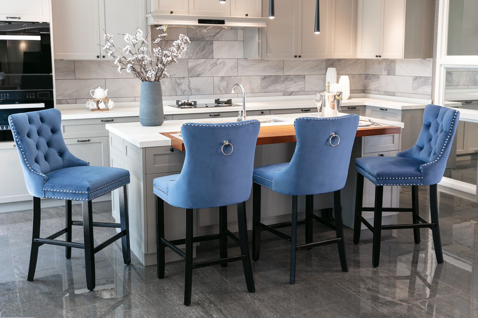 Contemporary Velvet Button Tufted Nailhead Trim Upholstered Barstools, Set of 2