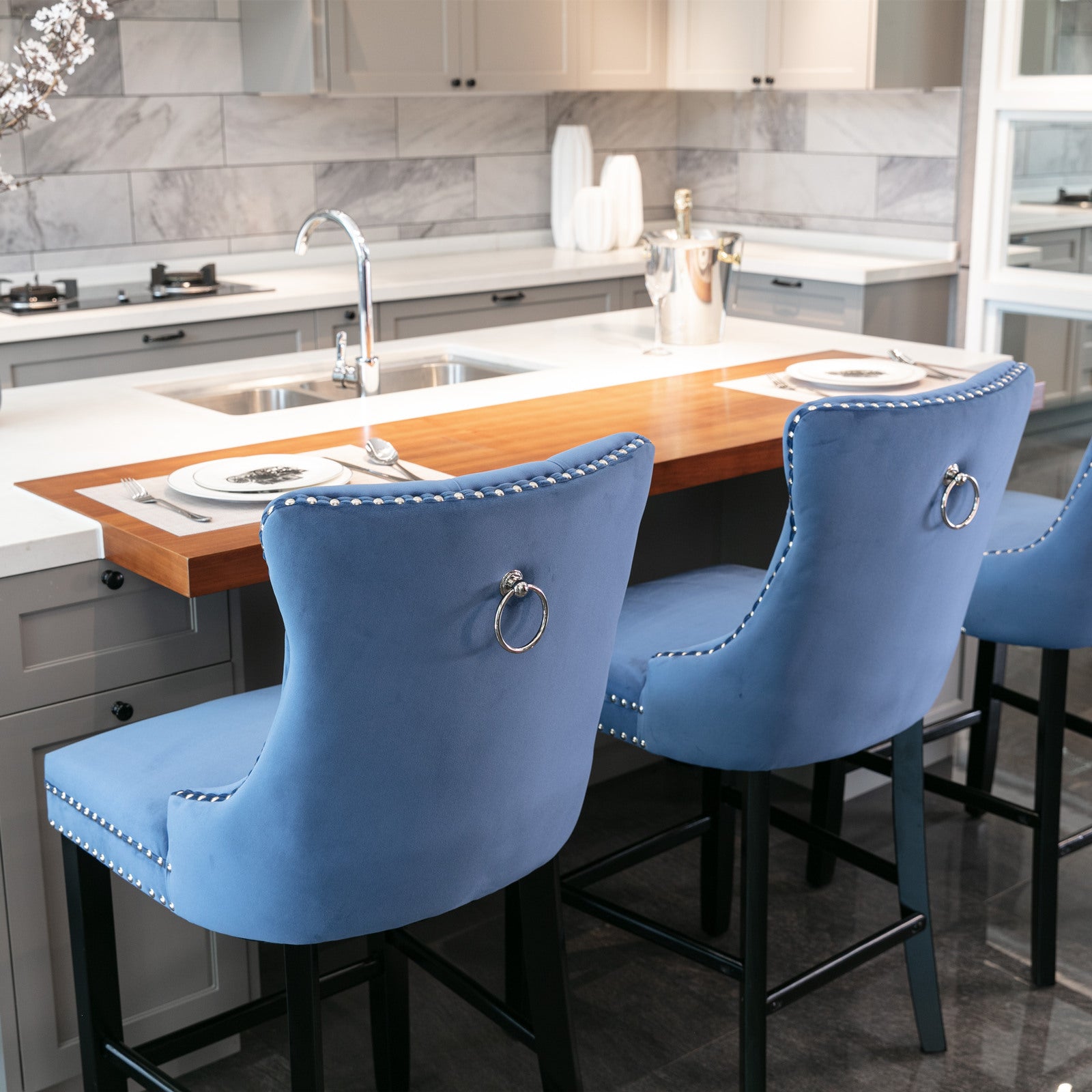 Contemporary Velvet Button Tufted Nailhead Trim Upholstered Barstools, Set of 2