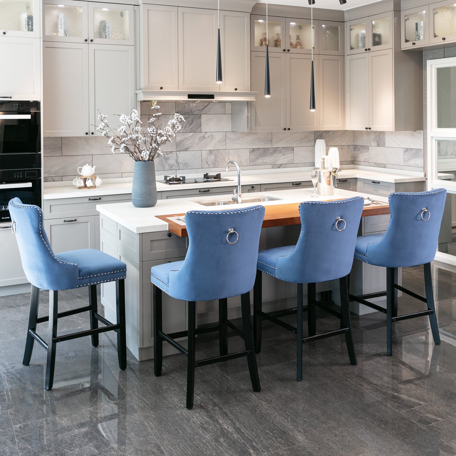 Contemporary Velvet Button Tufted Nailhead Trim Upholstered Barstools, Set of 2