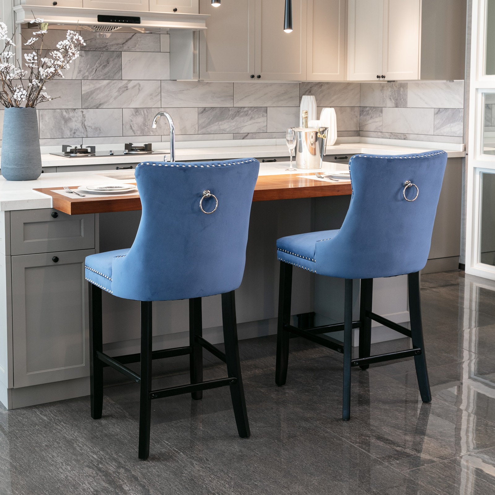 Contemporary Velvet Button Tufted Nailhead Trim Upholstered Barstools, Set of 2