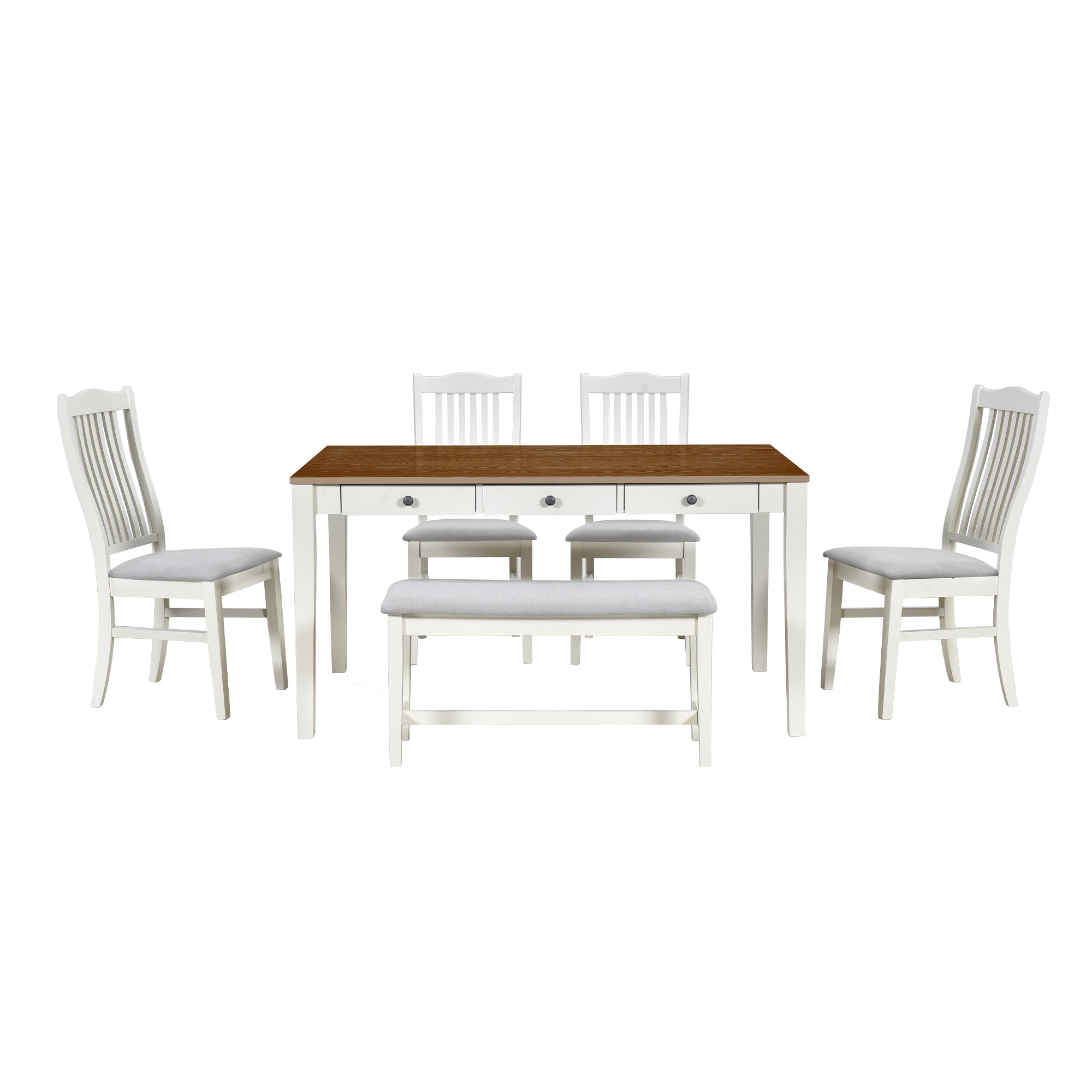 Mason 6 Piece Dining Table Set with Drawer, Upholstered Bench and Chairs, Butter Milk