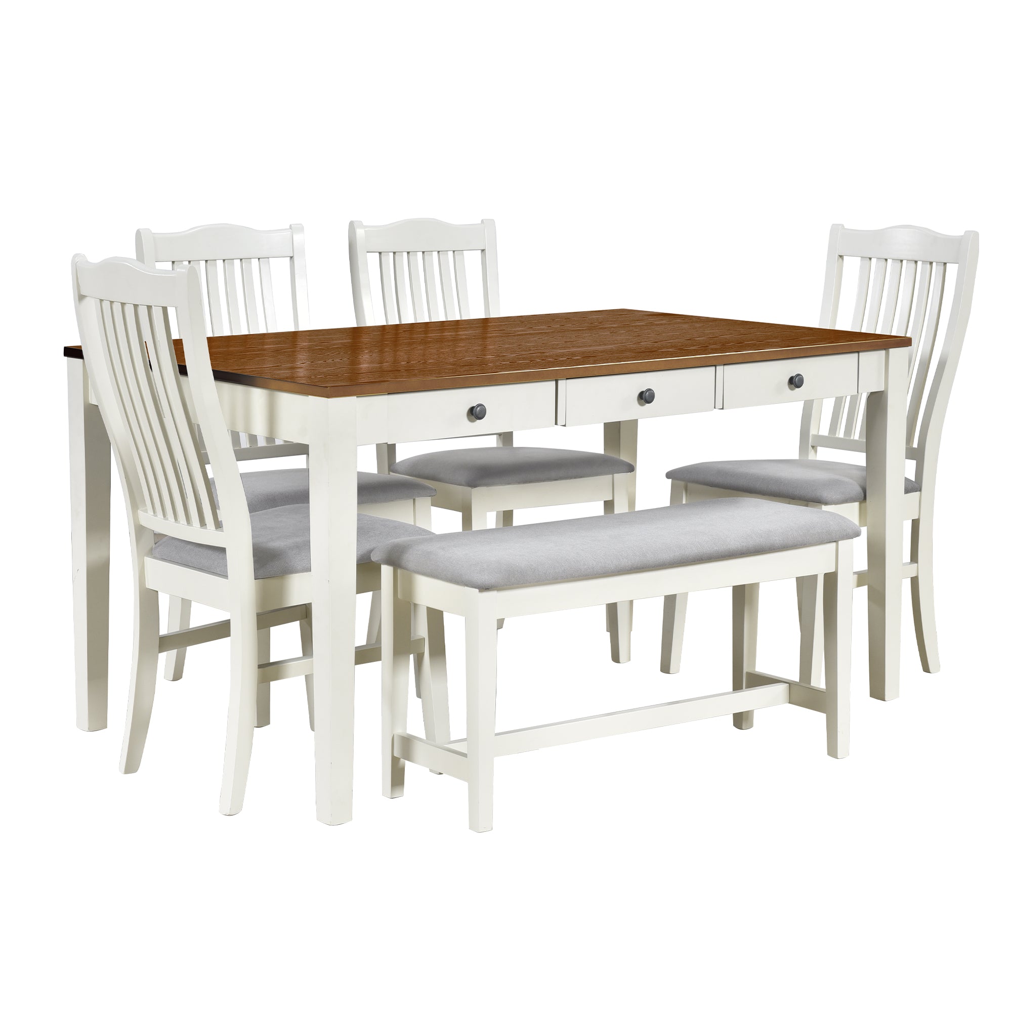 Mason 6 Piece Dining Table Set with Drawer, Upholstered Bench and Chairs, Butter Milk