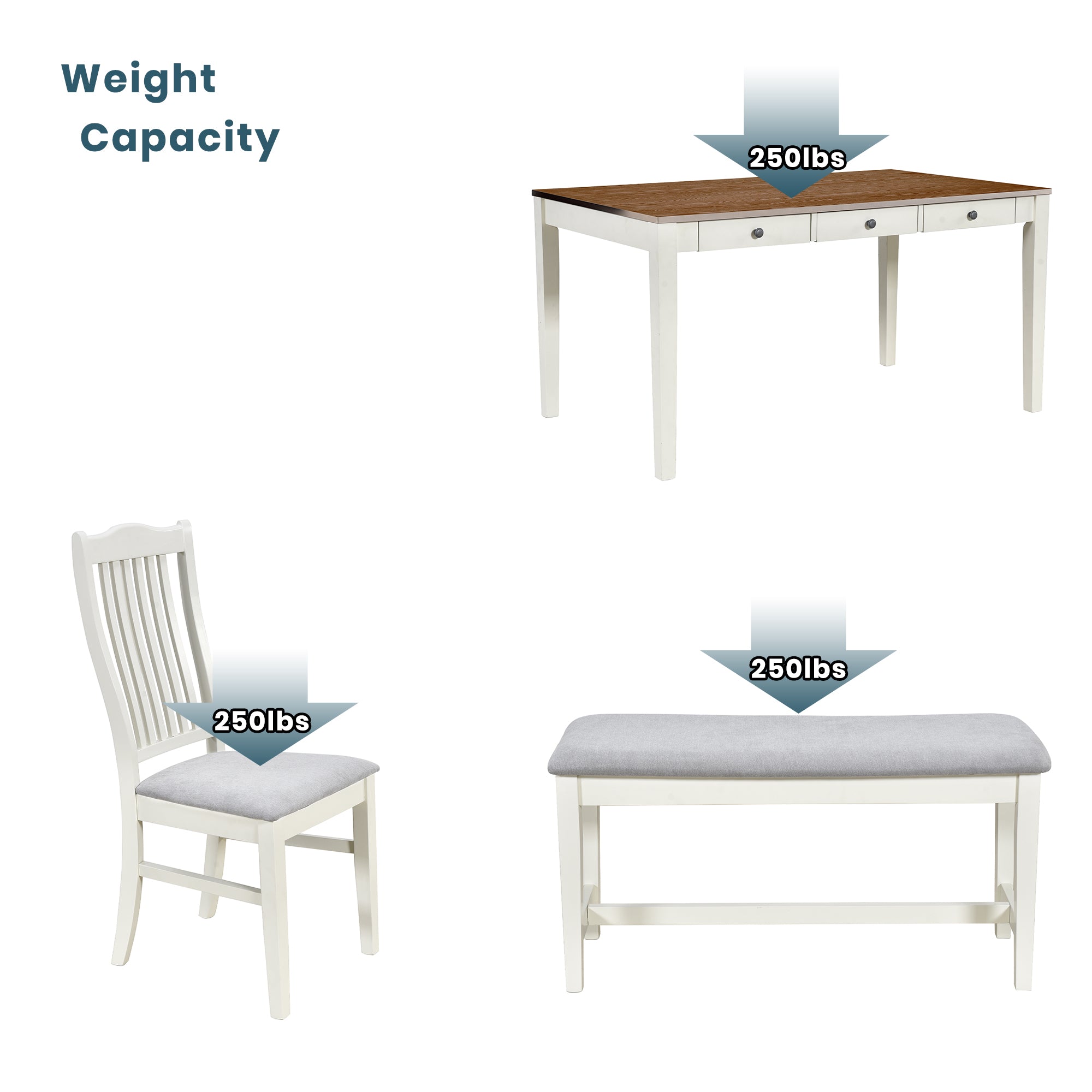 Mason 6 Piece Dining Table Set with Drawer, Upholstered Bench and Chairs, Butter Milk